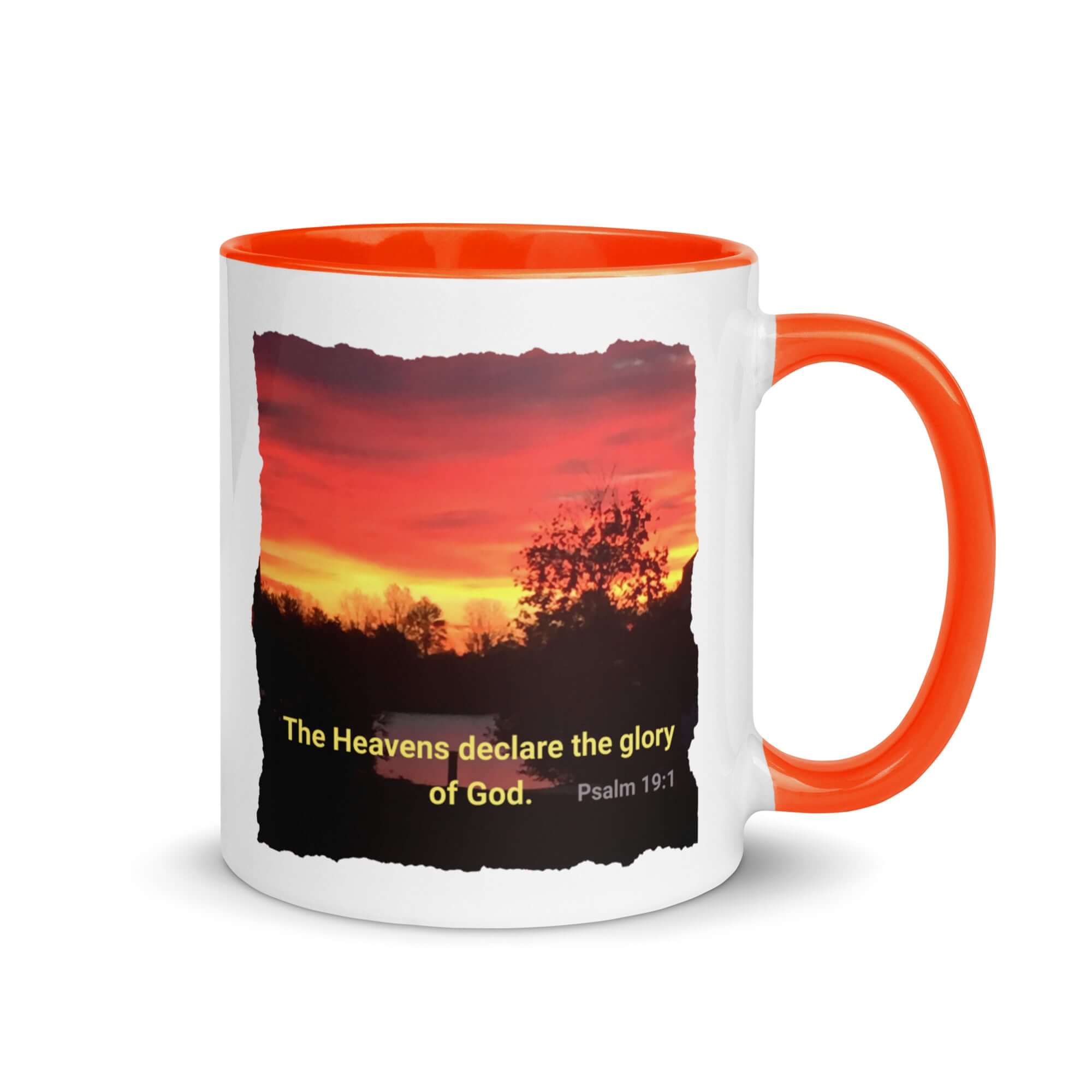 Psalm 19:1 Bible Verse, Sunset Glory White Ceramic Mug with Color Inside Orange 11 oz