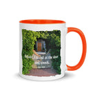 Revelation 3:20 Bible Verse, Garden Doorway White Ceramic Mug with Color Inside Orange 11 oz