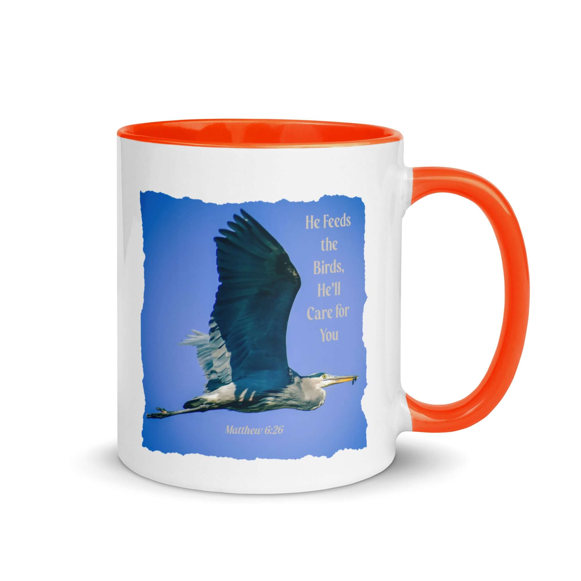 Matthew 6:26 Graceful Heron, He'll Care for You White Ceramic Mug with Color Inside Orange 11 oz