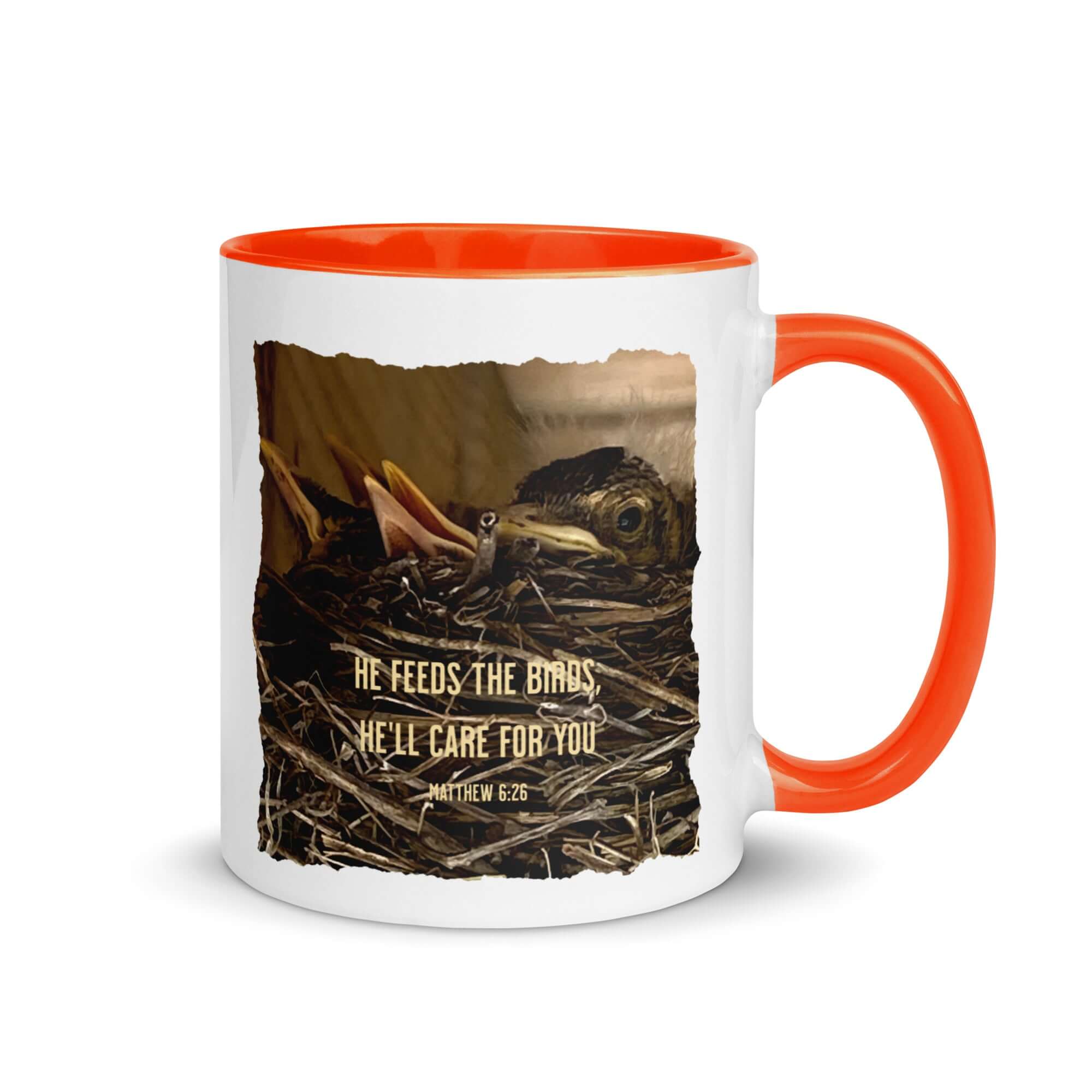 Matthew 6:26 Baby Robins, He'll Care for You White Ceramic Mug with Color Inside Orange 11 oz