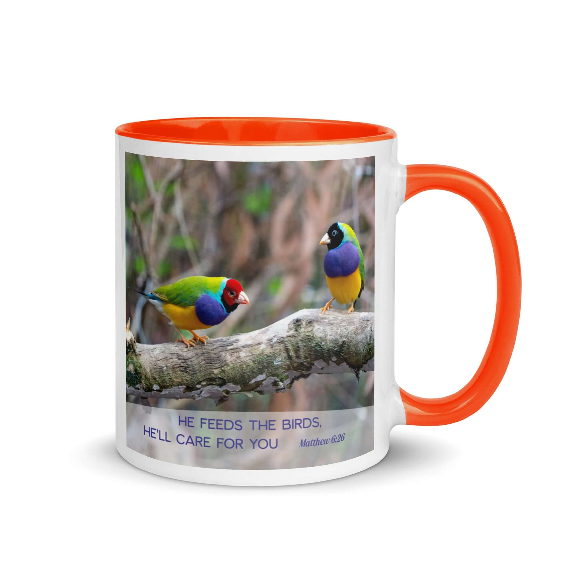 Matthew 6:26 Gouldian Finches, He'll Care for You White Ceramic Mug with Color Inside Orange 11 oz