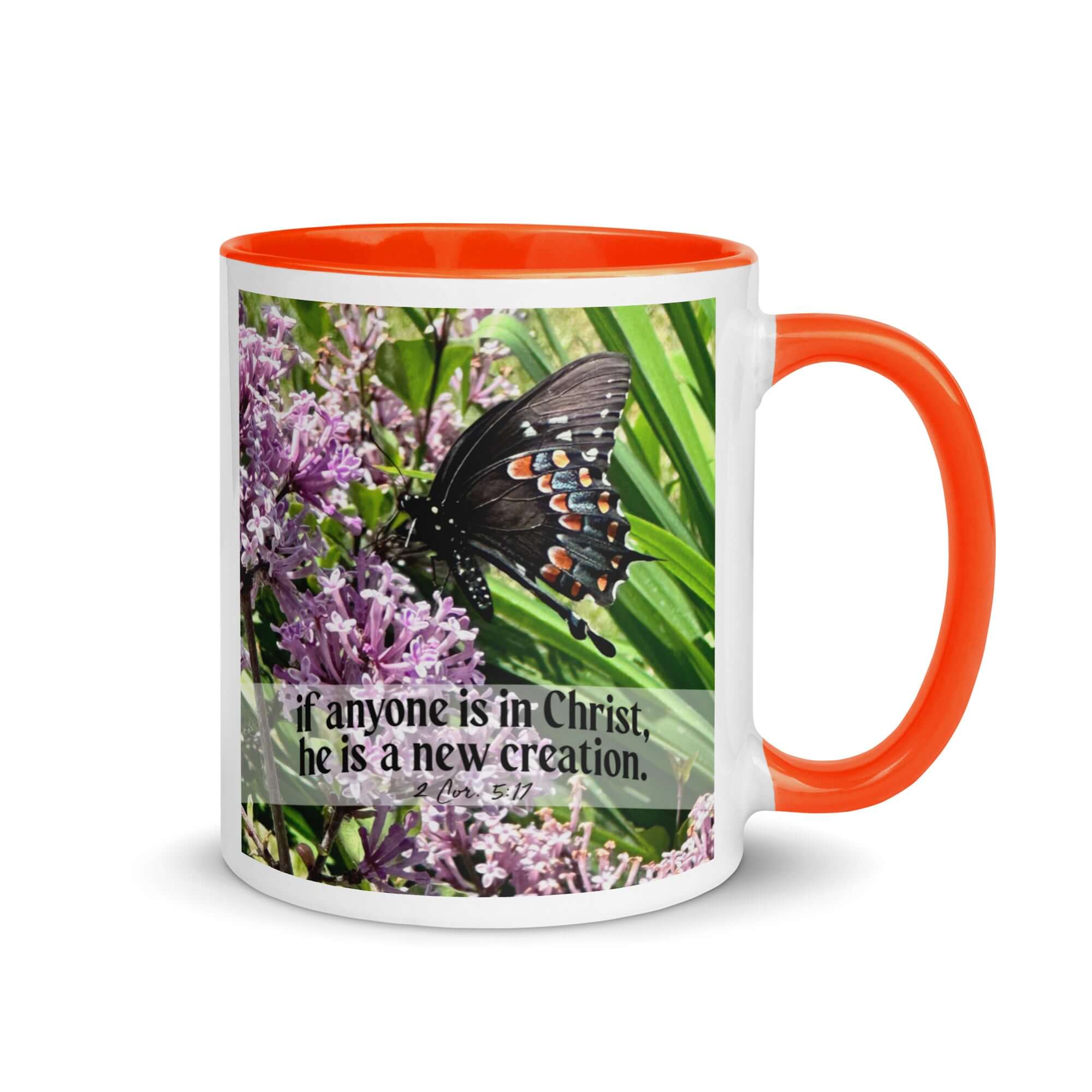 2 Corinthians 5:17 Bible Verse, Butterfly White Ceramic Mug with Color Inside Orange 11 oz