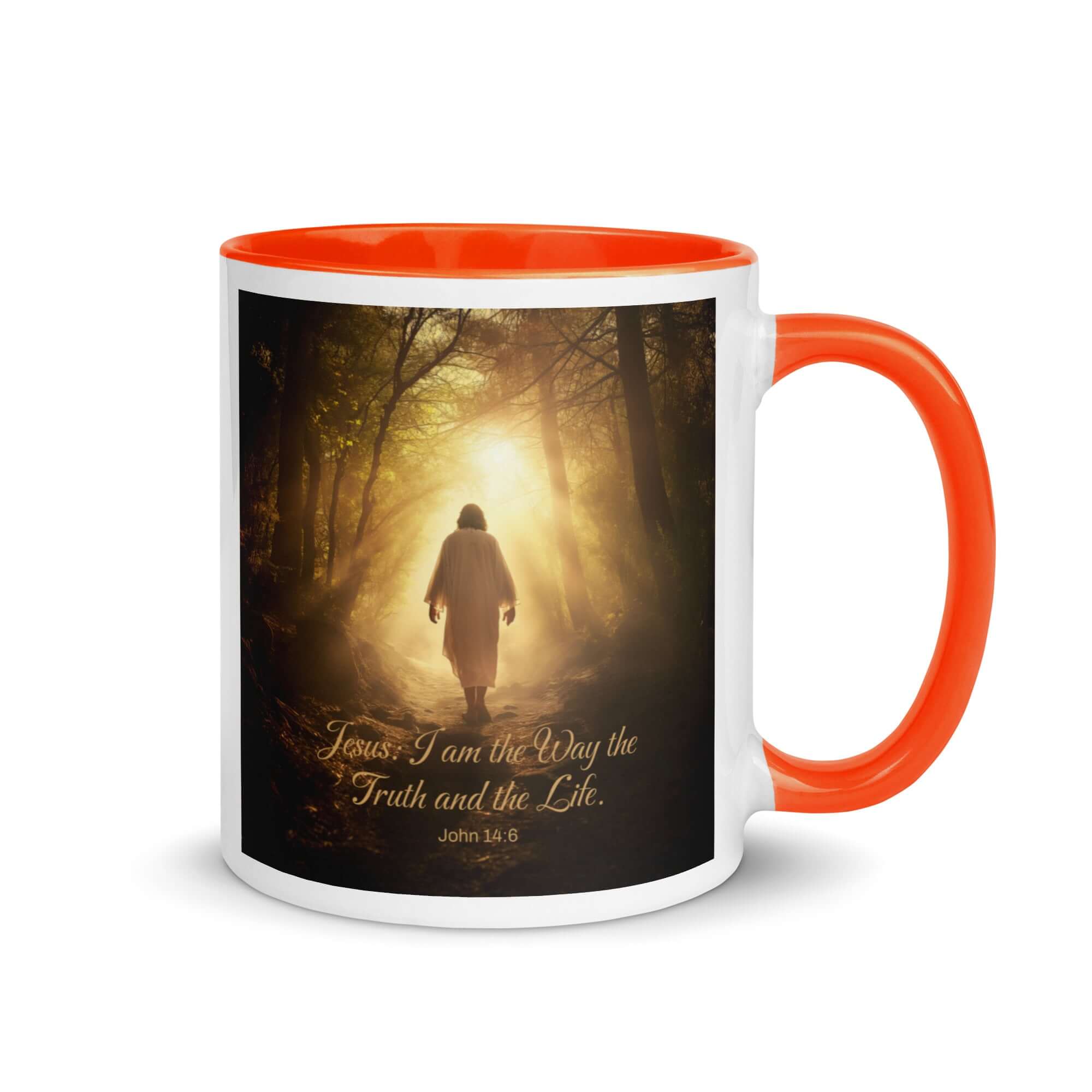 John 14:6 Bible Verse, Forest Image White Ceramic Mug with Color Inside Orange 11 oz