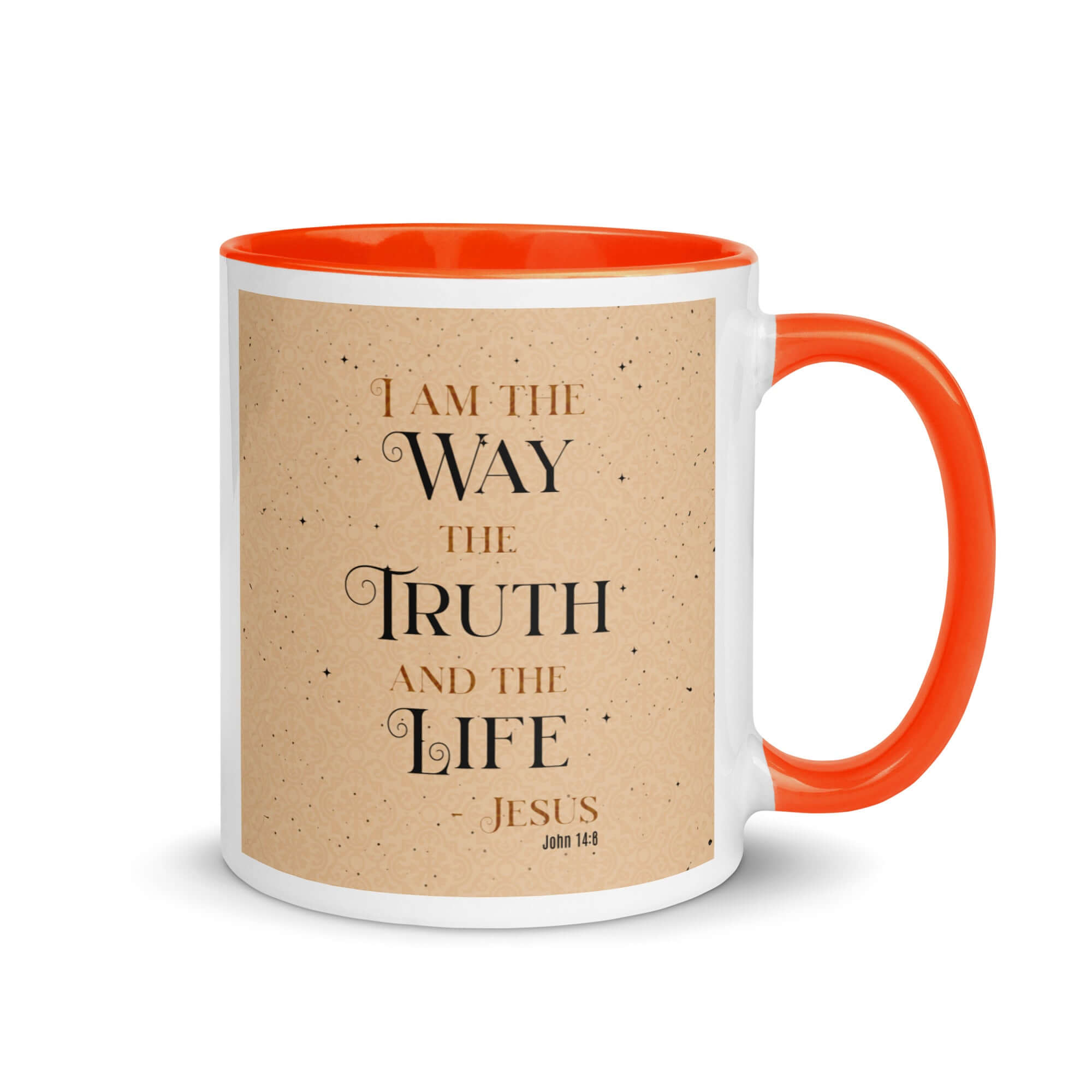 John 14:6 Bible Verse, Color Text Brown Background White Ceramic Mug with Color Inside Orange 11 oz