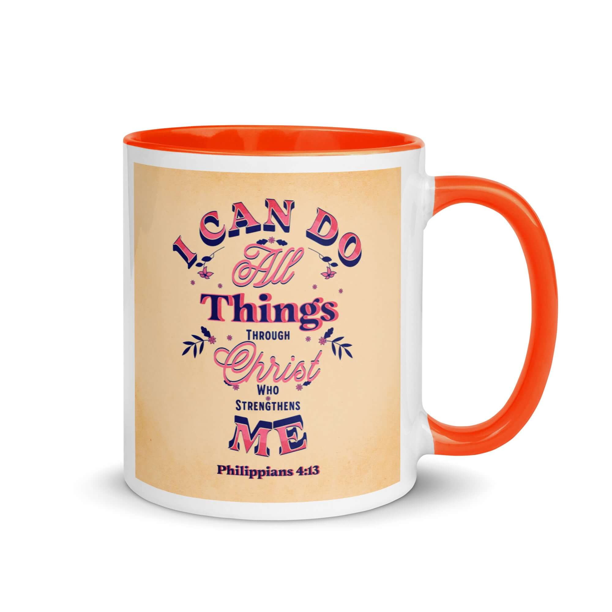 Philippians 4:13 Bible Verse, Christ Strengthens Me White Ceramic Mug with Color Inside Orange 11 oz