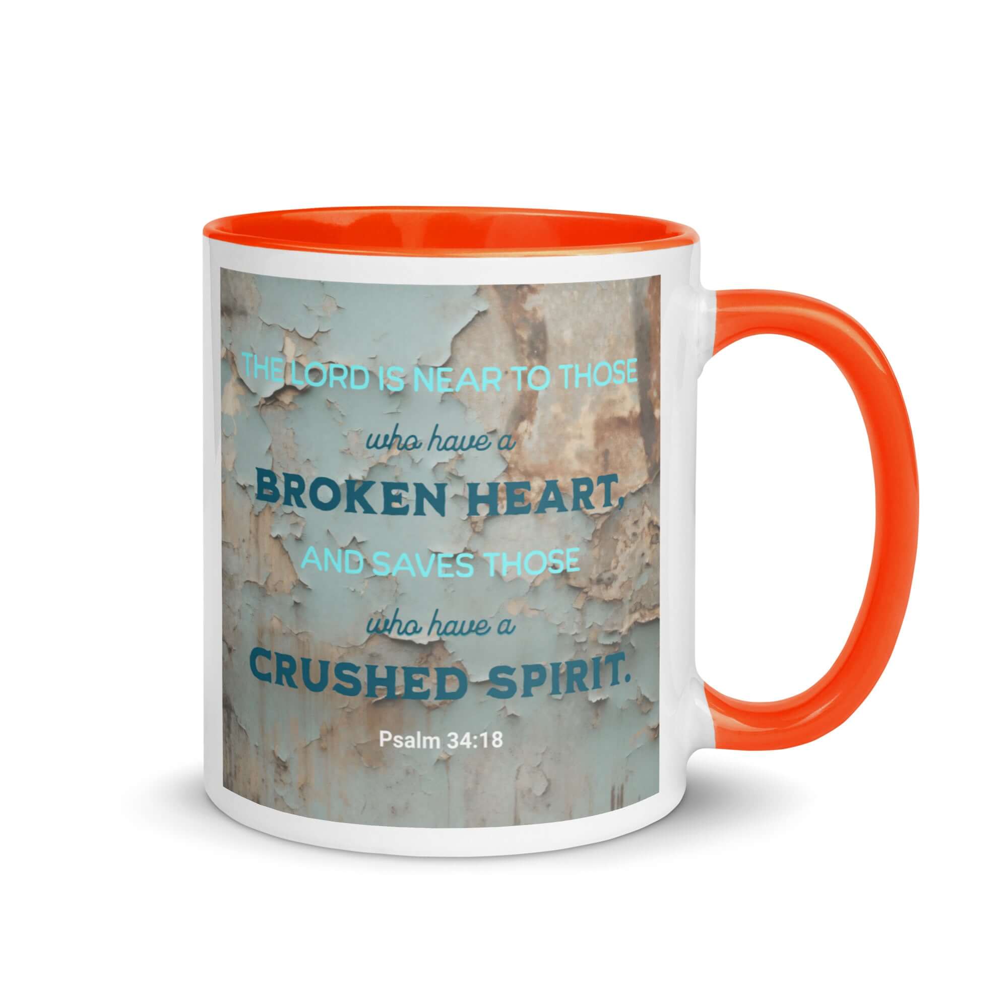 Psalm 34:18 Bible Verse, The LORD is Near White Ceramic Mug with Color Inside Orange 11 oz