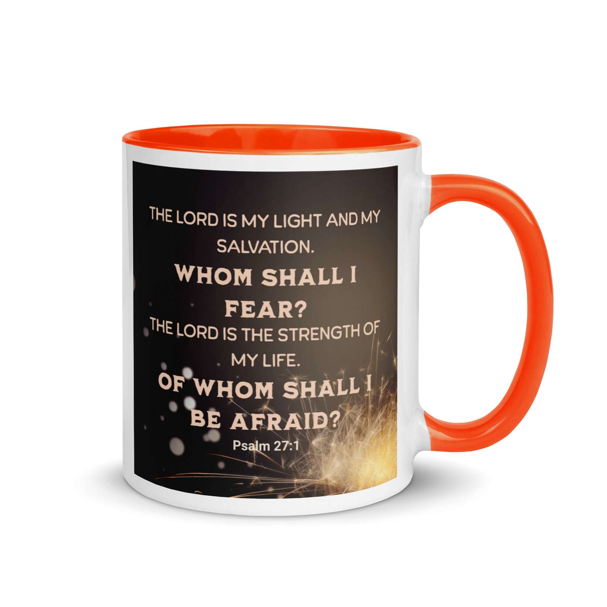 Psalm 27:1 Bible Verse, The LORD is My Light White Ceramic Mug with Color Inside Orange 11 oz