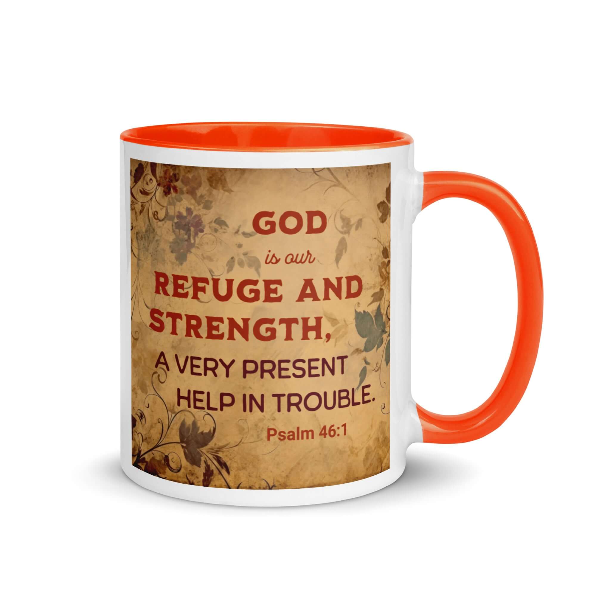 Psalm 46:1 Bible Verse, God is Our Refuge White Ceramic Mug with Color Inside Orange 11 oz