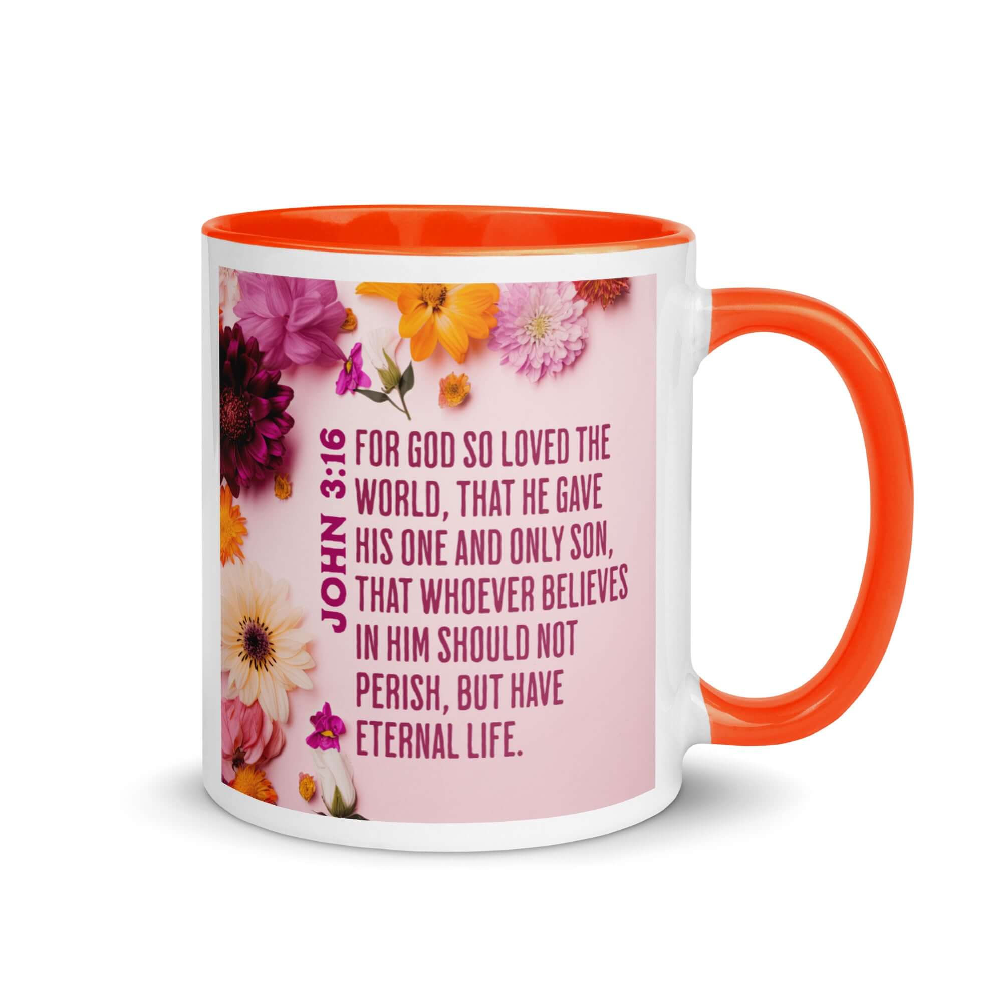 John 3:16 Bible Verse, For God So Loved White Ceramic Mug with Color Inside Orange 11 oz