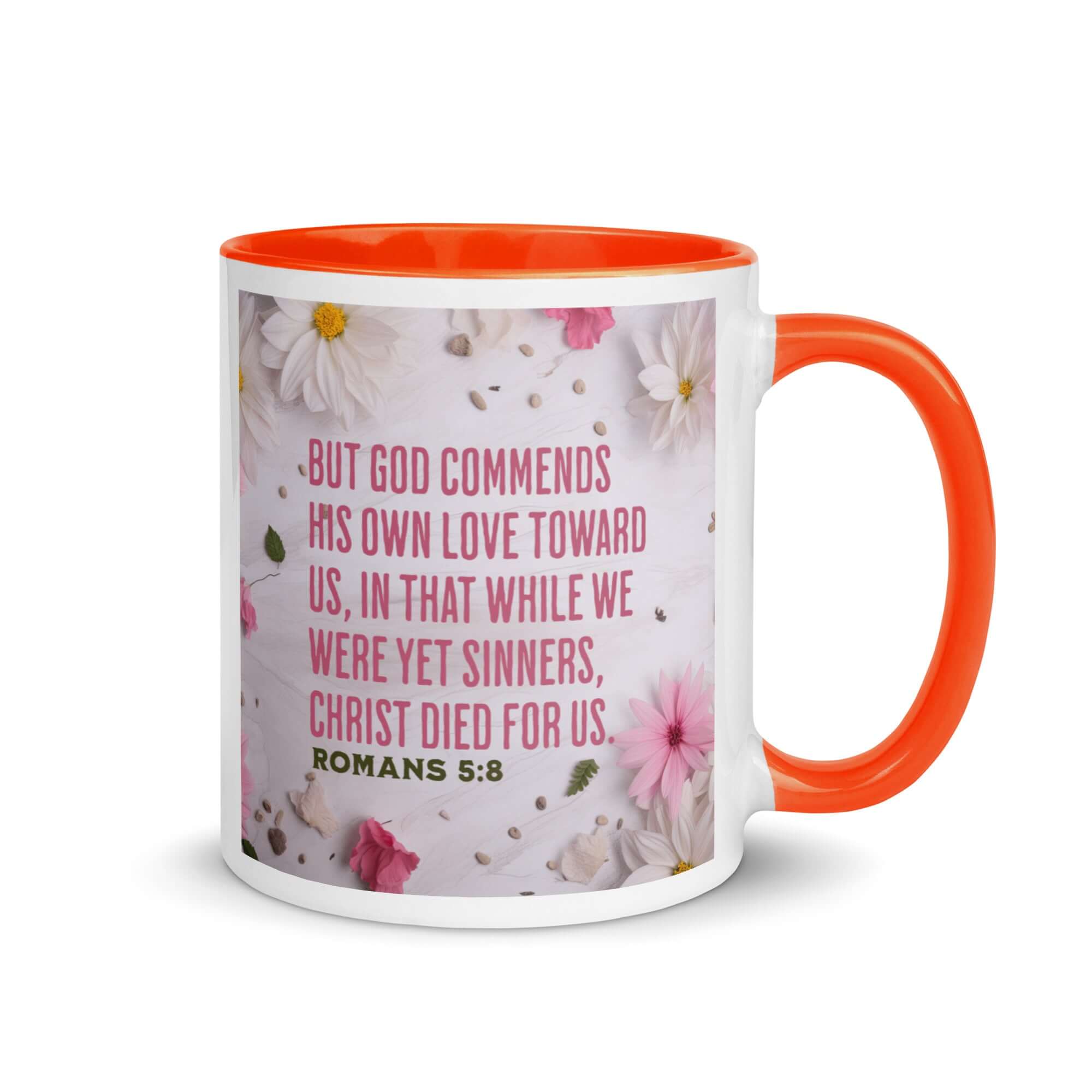 Romans 5:8 Bible Verse, Christ Died for Us White Ceramic Mug with Color Inside Orange 11 oz