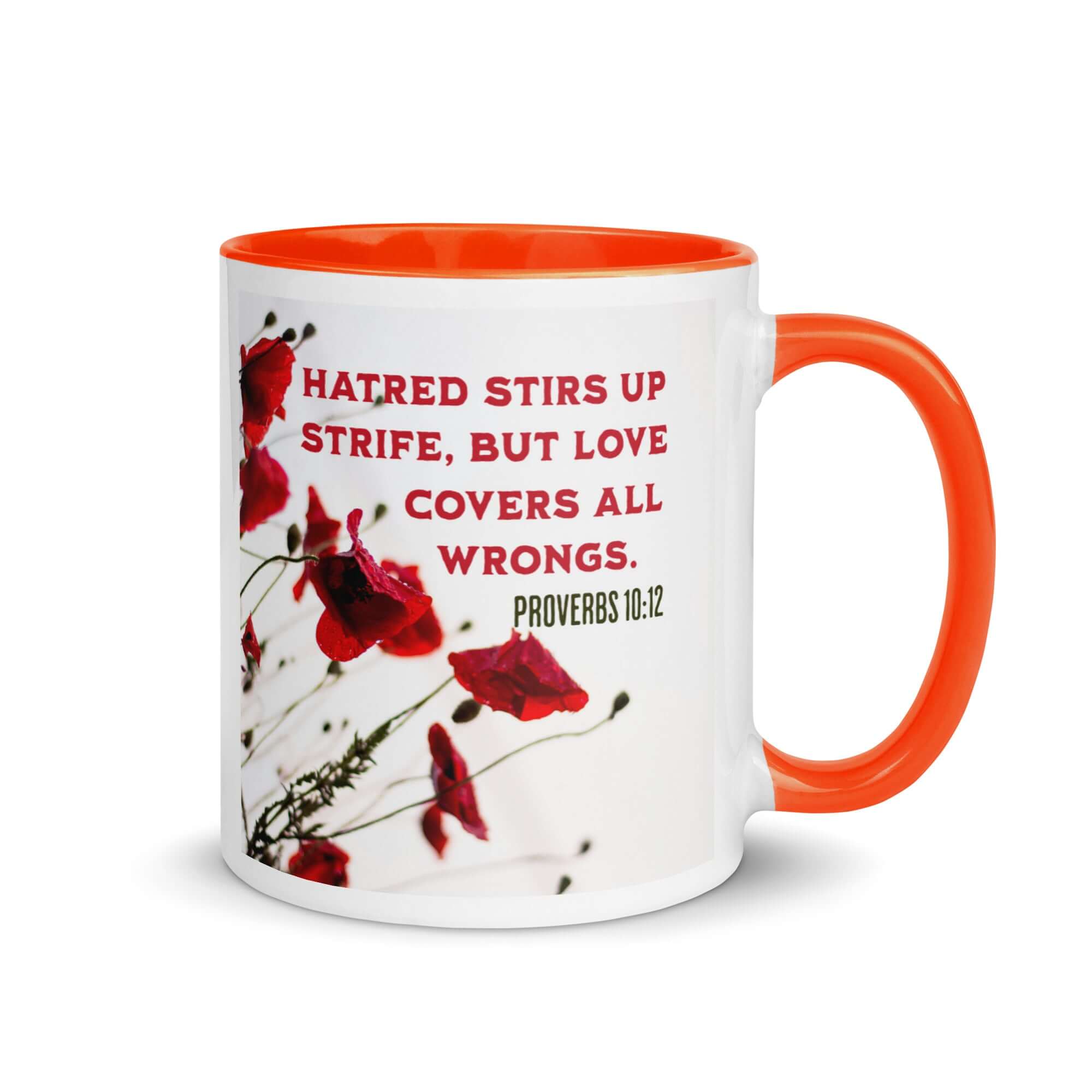 Proverbs 10:12 Bible Verse, Love Covers All White Ceramic Mug with Color Inside Orange 11 oz