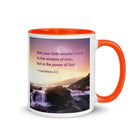 1 Corinthians 2:5 Bible Verse, power of God White Ceramic Mug with Color Inside Orange 11 oz