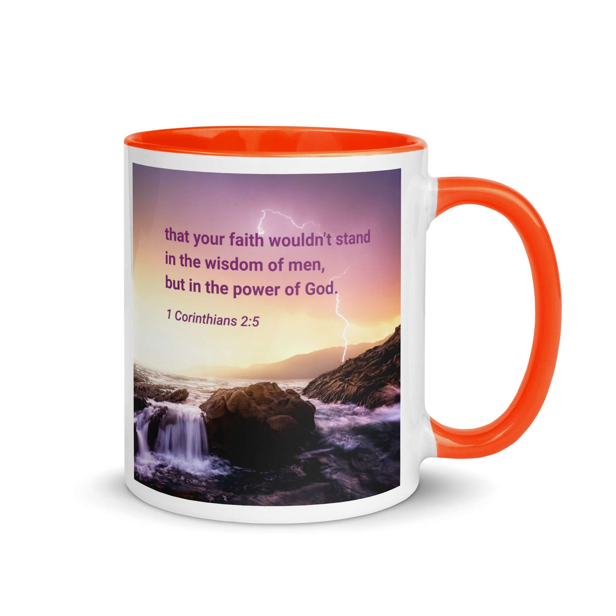 1 Corinthians 2:5 Bible Verse, power of God White Ceramic Mug with Color Inside Orange 11 oz