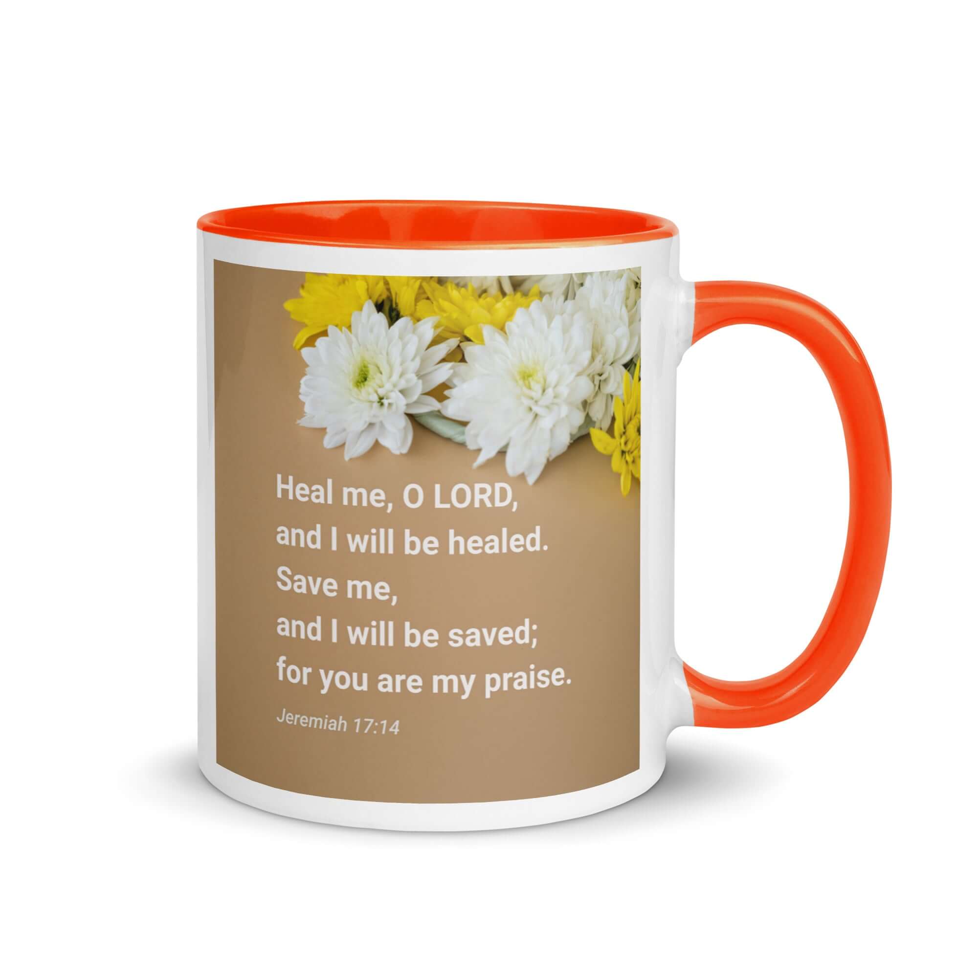 Jeremiah 17:14 Bible Verse, Heal me, O LORD White Ceramic Mug with Color Inside Orange 11 oz