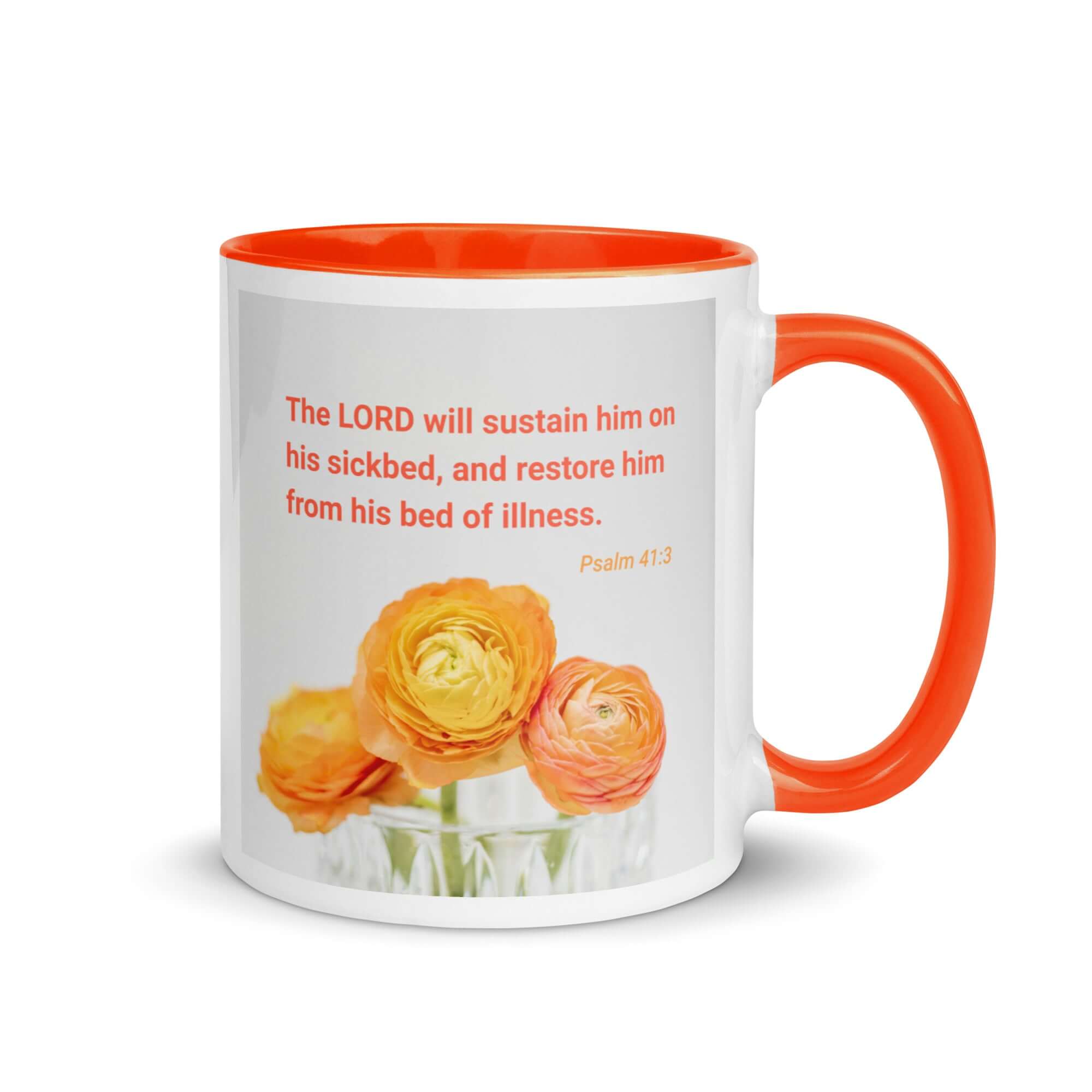 Psalm 41:3 Bible Verse, LORD will sustain White Ceramic Mug with Color Inside Orange 11 oz