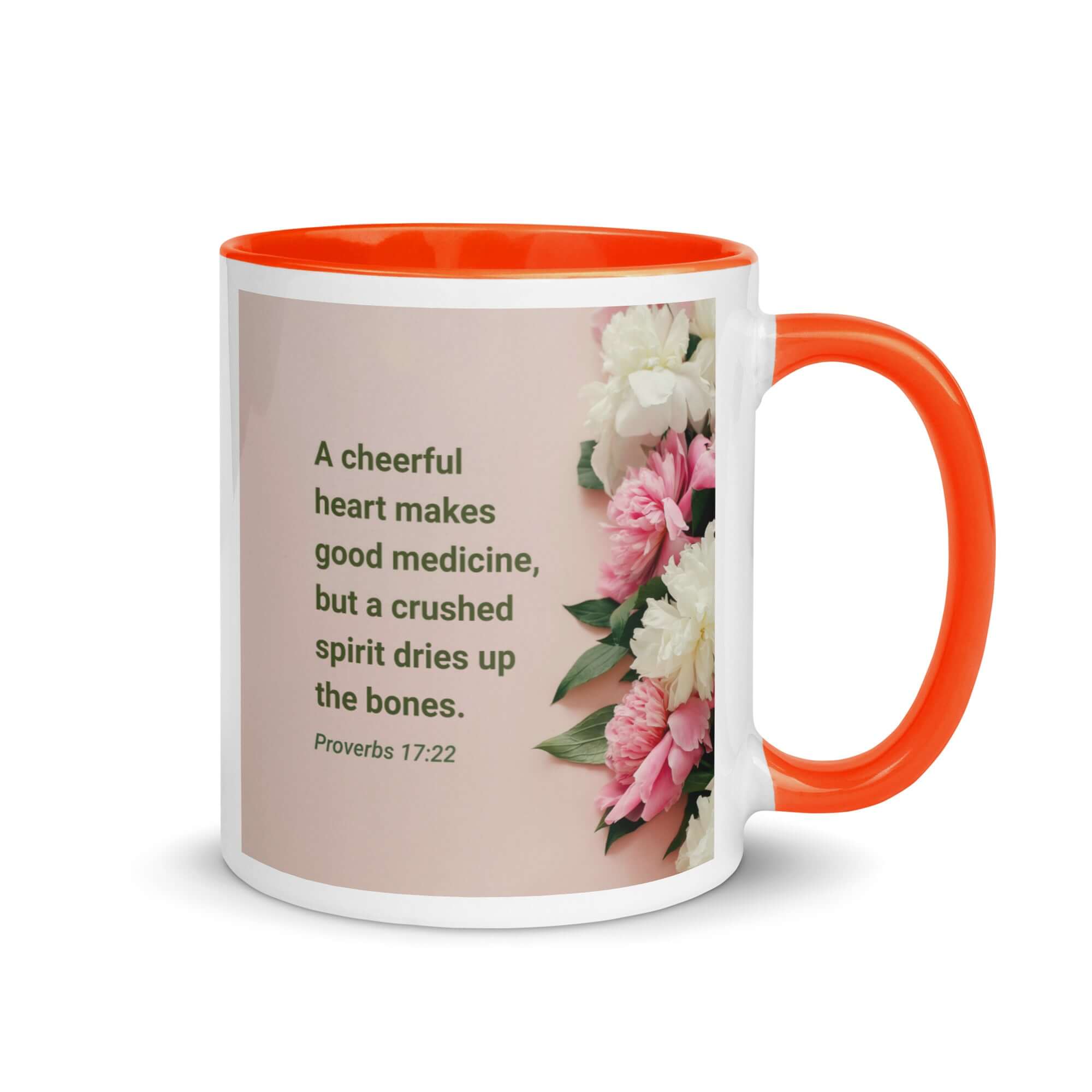 Proverbs 17:22 Bible Verse, good medicine White Ceramic Mug with Color Inside Orange 11 oz