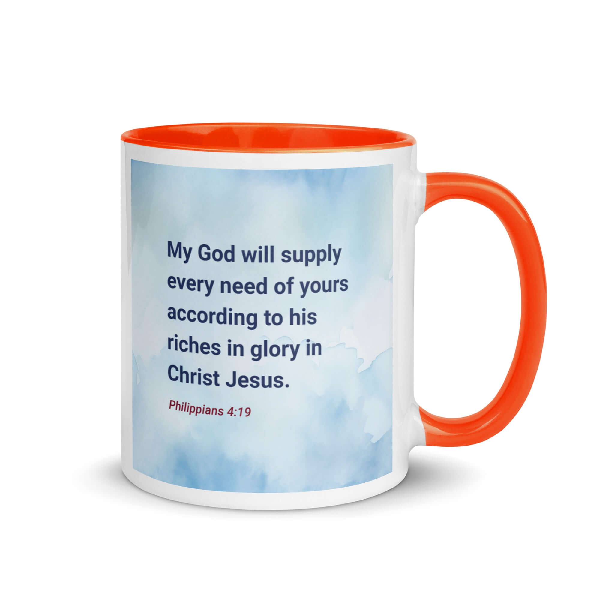 Philippians 4:19 Bible Verse, God will supply White Ceramic Mug with Color Inside Orange 11 oz