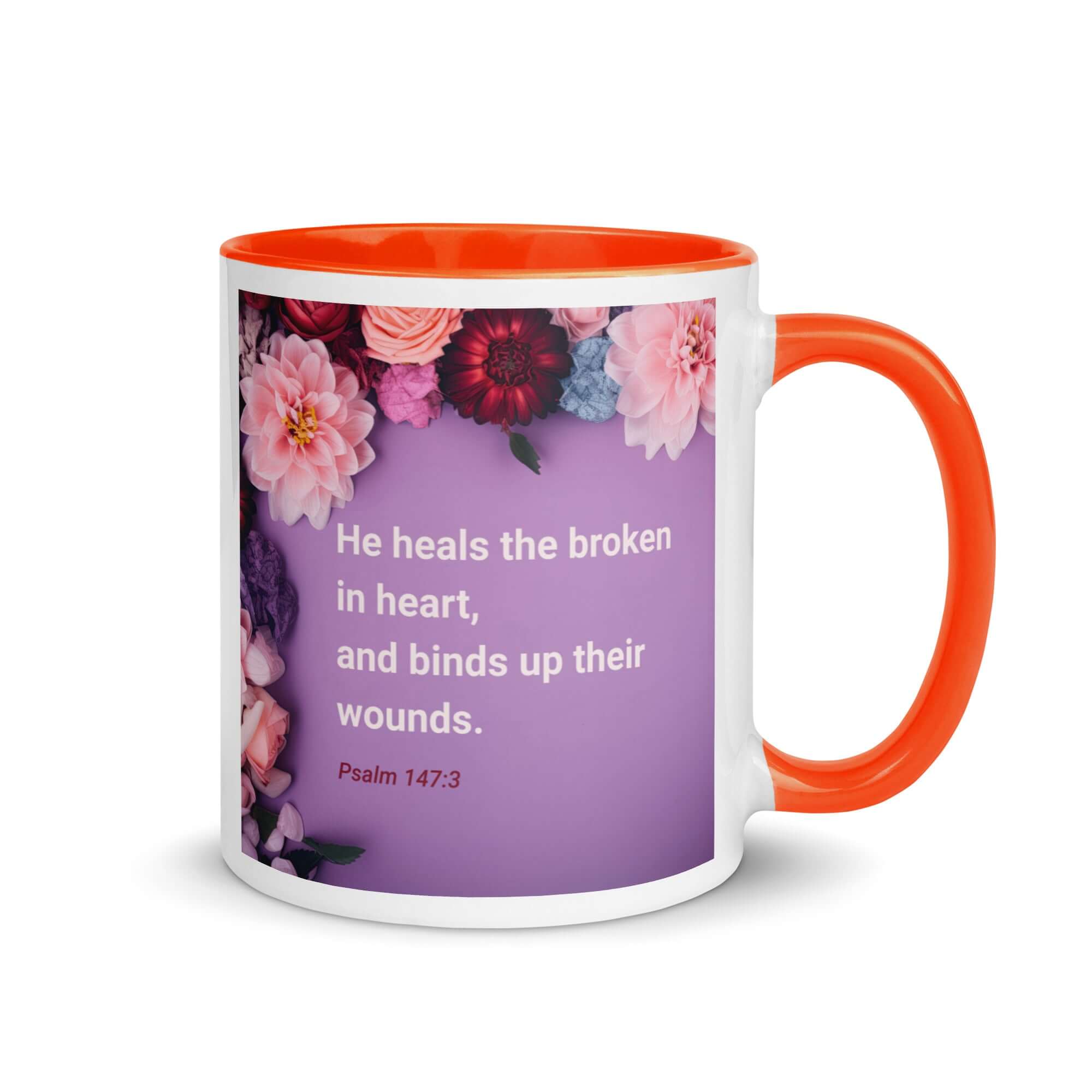 Psalm 147:3 Bible Verse, He heals the broken White Ceramic Mug with Color Inside Orange 11 oz