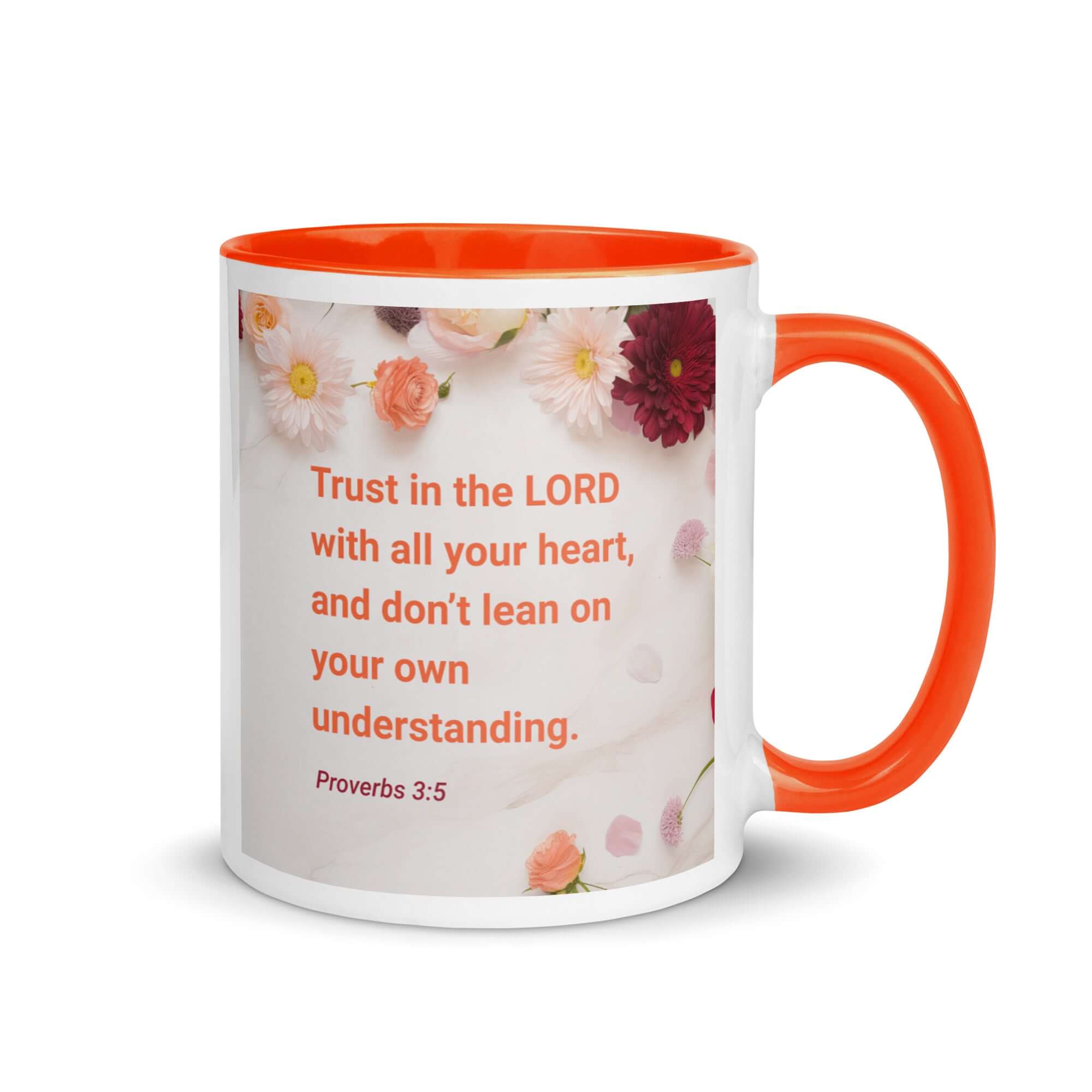 Proverbs 3:5 Bible Verse, Trust in the LORD White Ceramic Mug with Color Inside Orange 11 oz