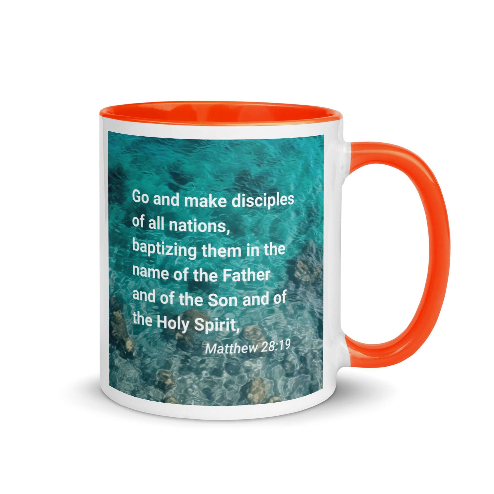 Matthew 28:19 Bible Verse, Make Disciples White Ceramic Mug with Color Inside Orange 11 oz
