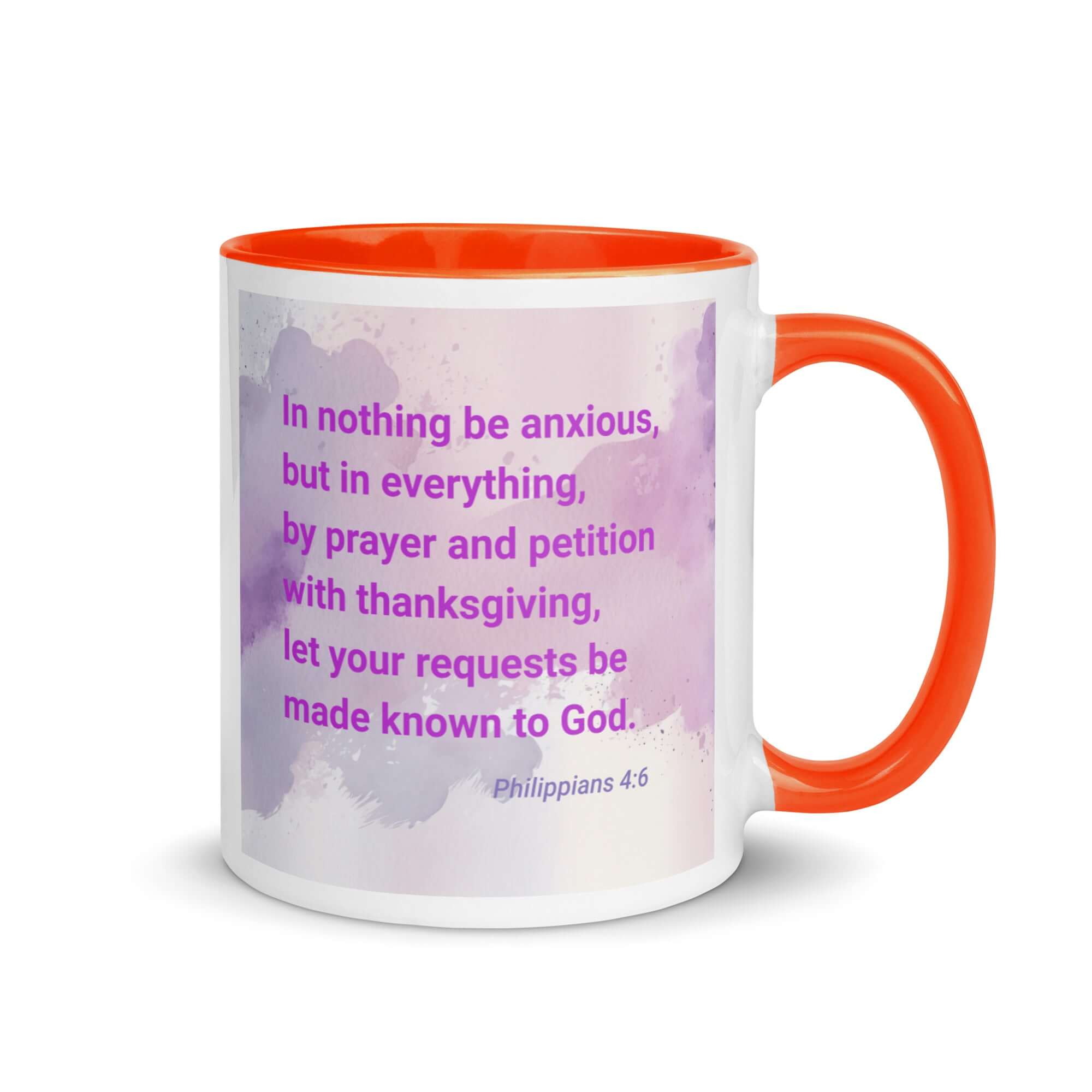 Philippians 4:6 Bible Verse, Prayer and Petition White Ceramic Mug with Color Inside Orange 11 oz