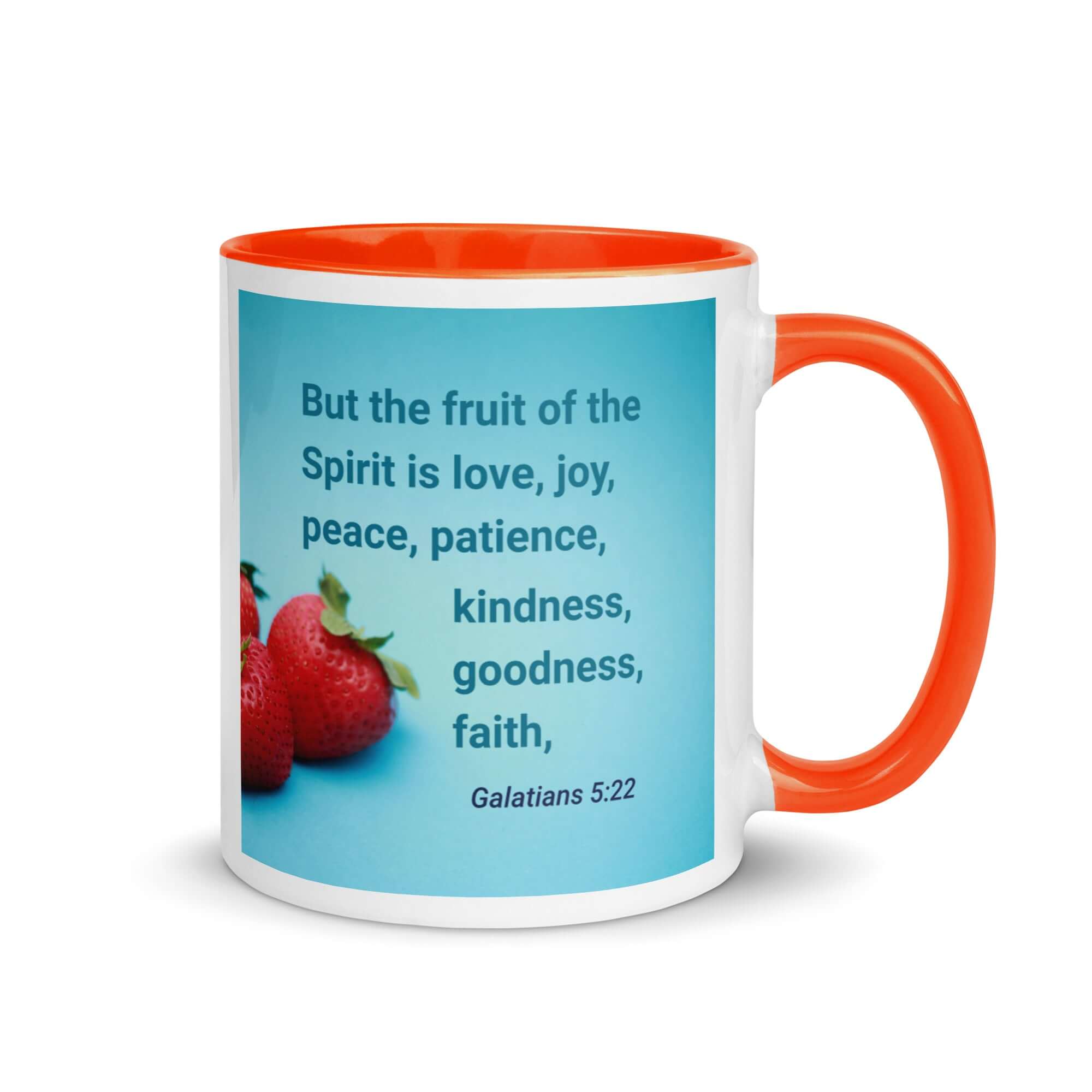 Galatians 5:22 Bible Verse, fruit of the Spirit White Ceramic Mug with Color Inside Orange 11 oz