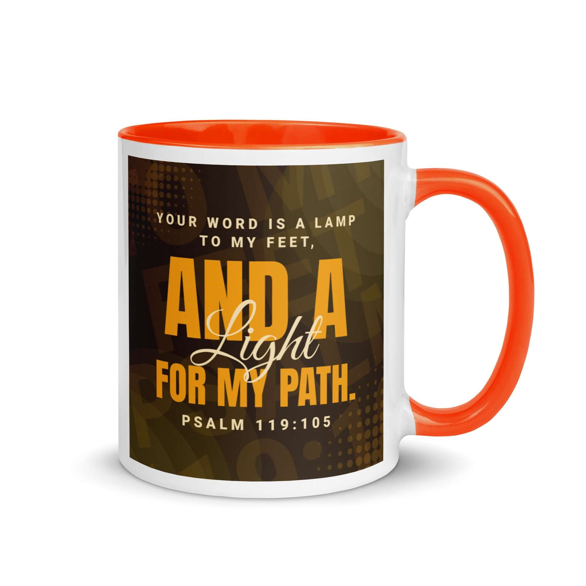 Psalm 119:105 Bible Verse, lamp to my feet White Ceramic Mug with Color Inside Orange 11 oz
