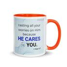 1 Peter 5:7 Bible Verse, casting all your worries on Him White Ceramic Mug with Color Inside Orange 11 oz