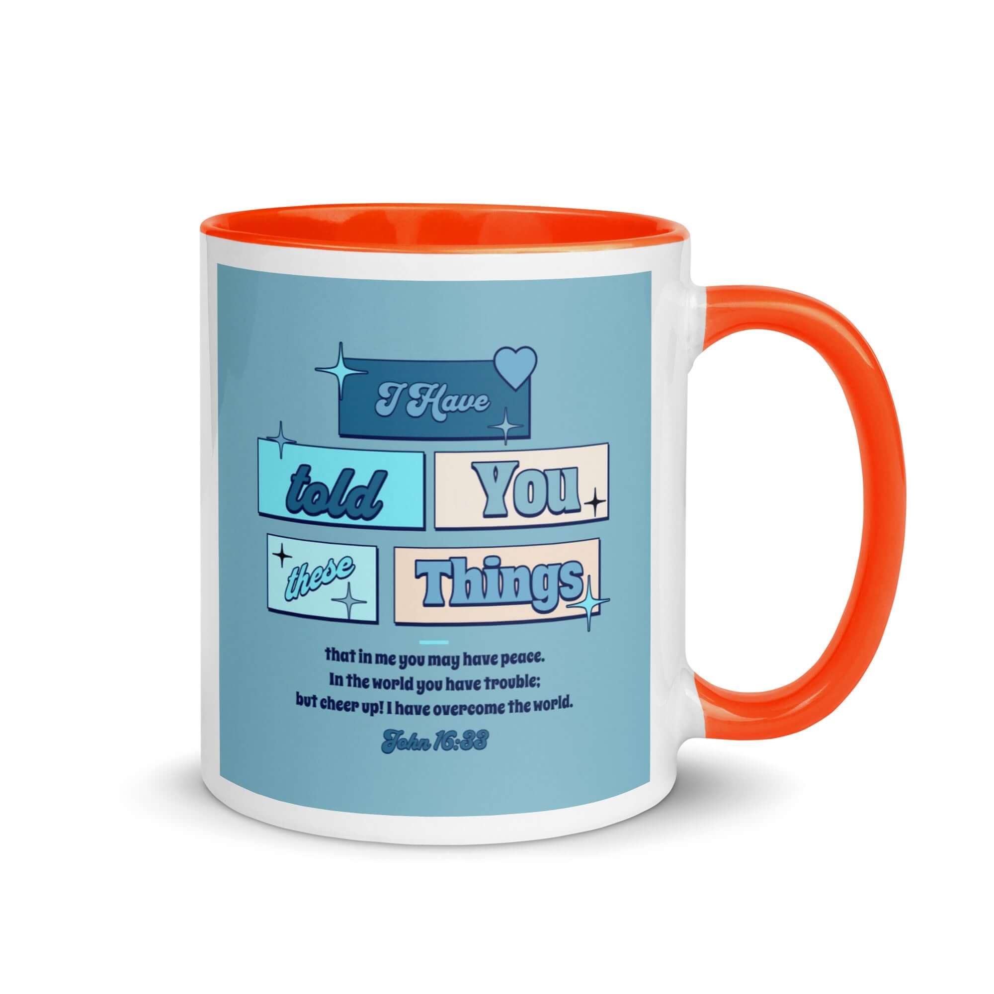 John 16:33 Bible Verse, in me you may have peace White Ceramic Mug with Color Inside Orange 11 oz