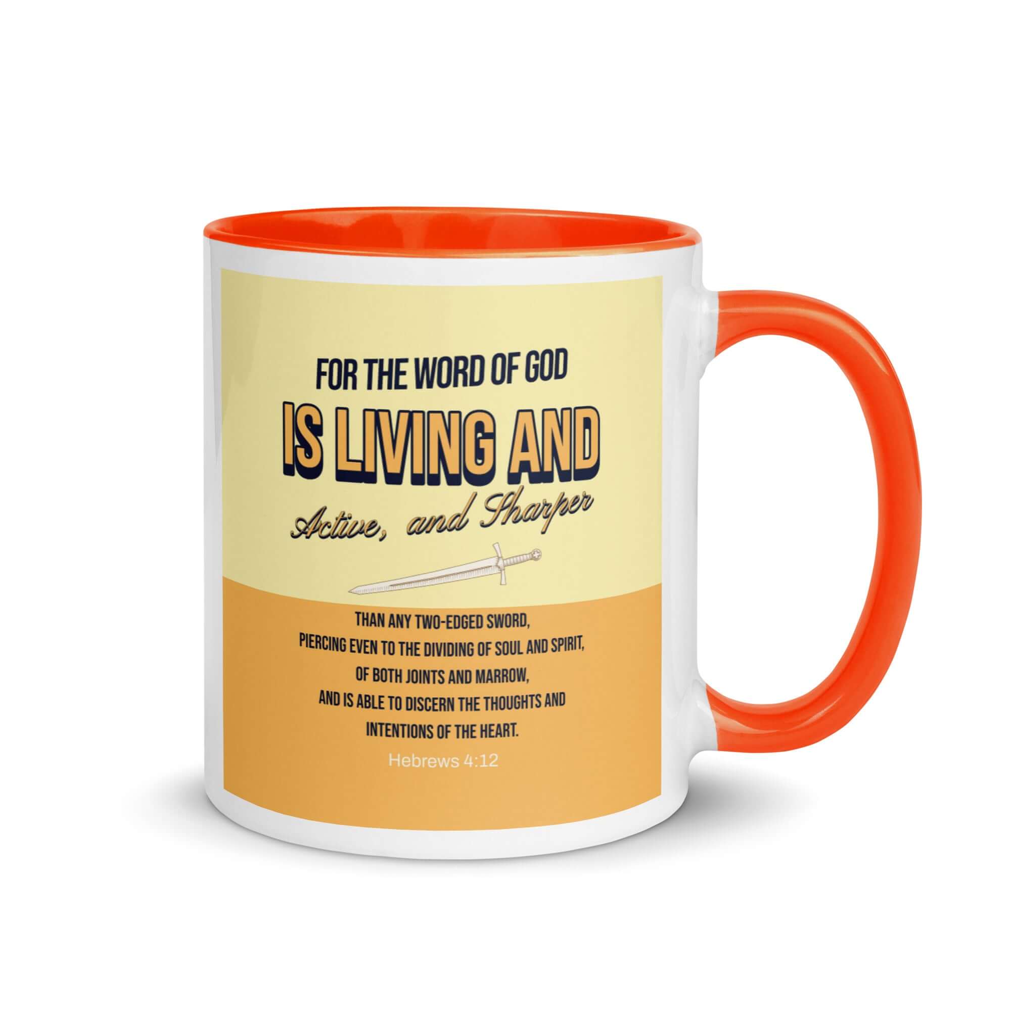 Hebrews 4:12 Bible Verse, living and active White Ceramic Mug with Color Inside Orange 11 oz