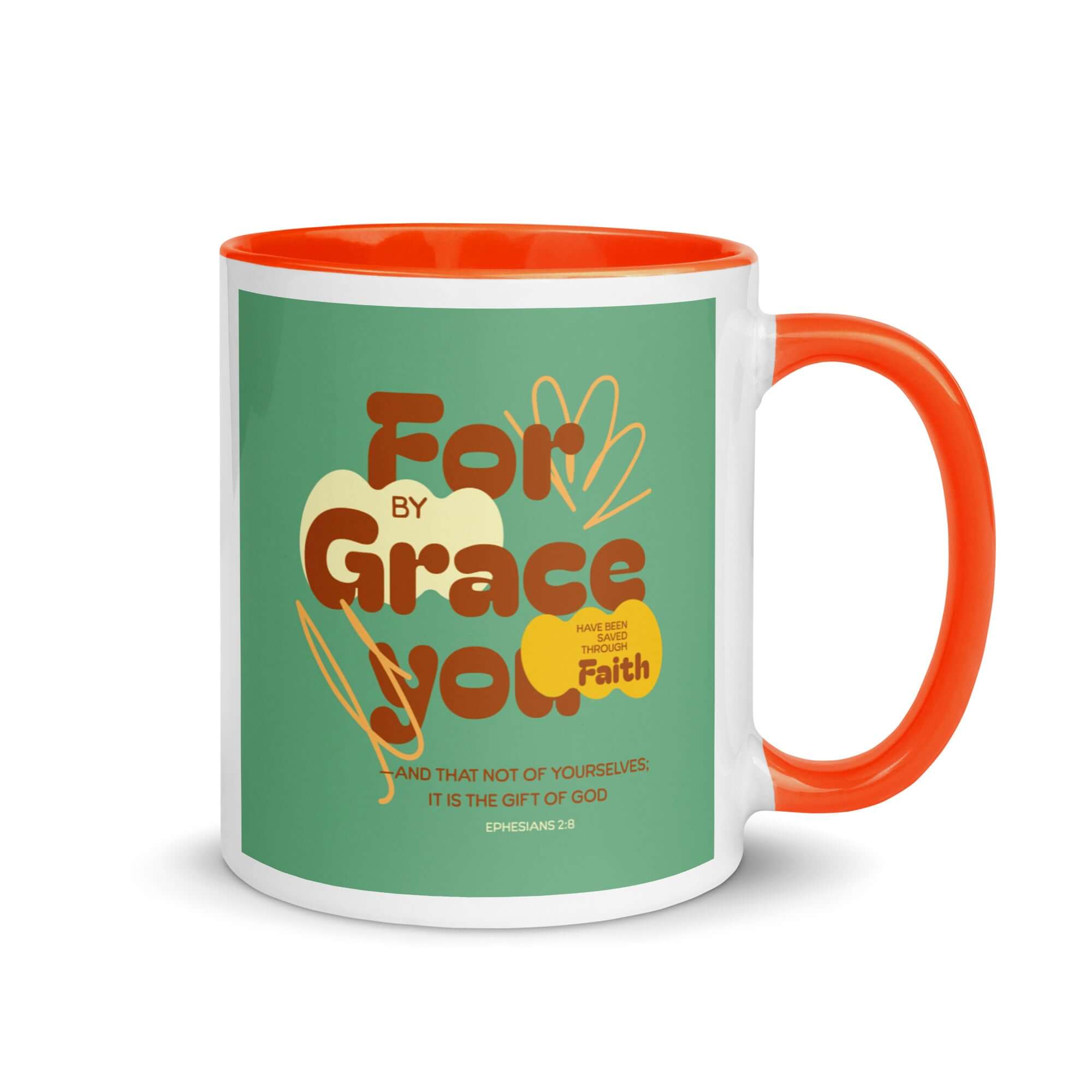 Ephesians 2:8 Bible Verse, for by grace White Ceramic Mug with Color Inside Orange 11 oz