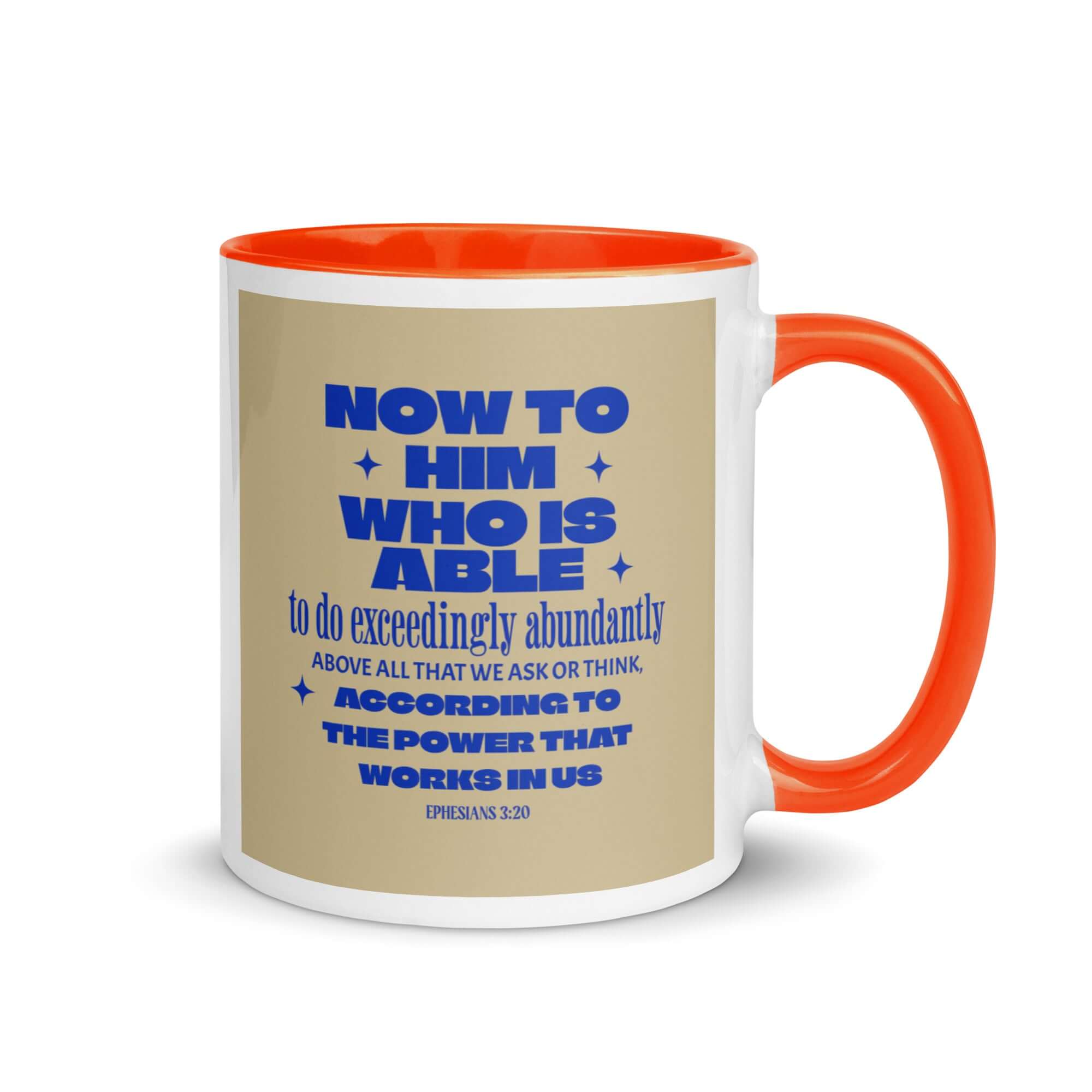 Ephesians 3:20 Bible Verse, power in us White Ceramic Mug with Color Inside Orange 11 oz