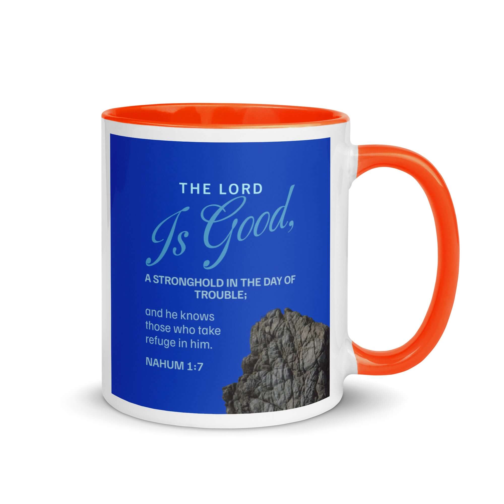 Nahum 1:7 Bible Verse, The LORD is a stronghold White Ceramic Mug with Color Inside Orange 11 oz