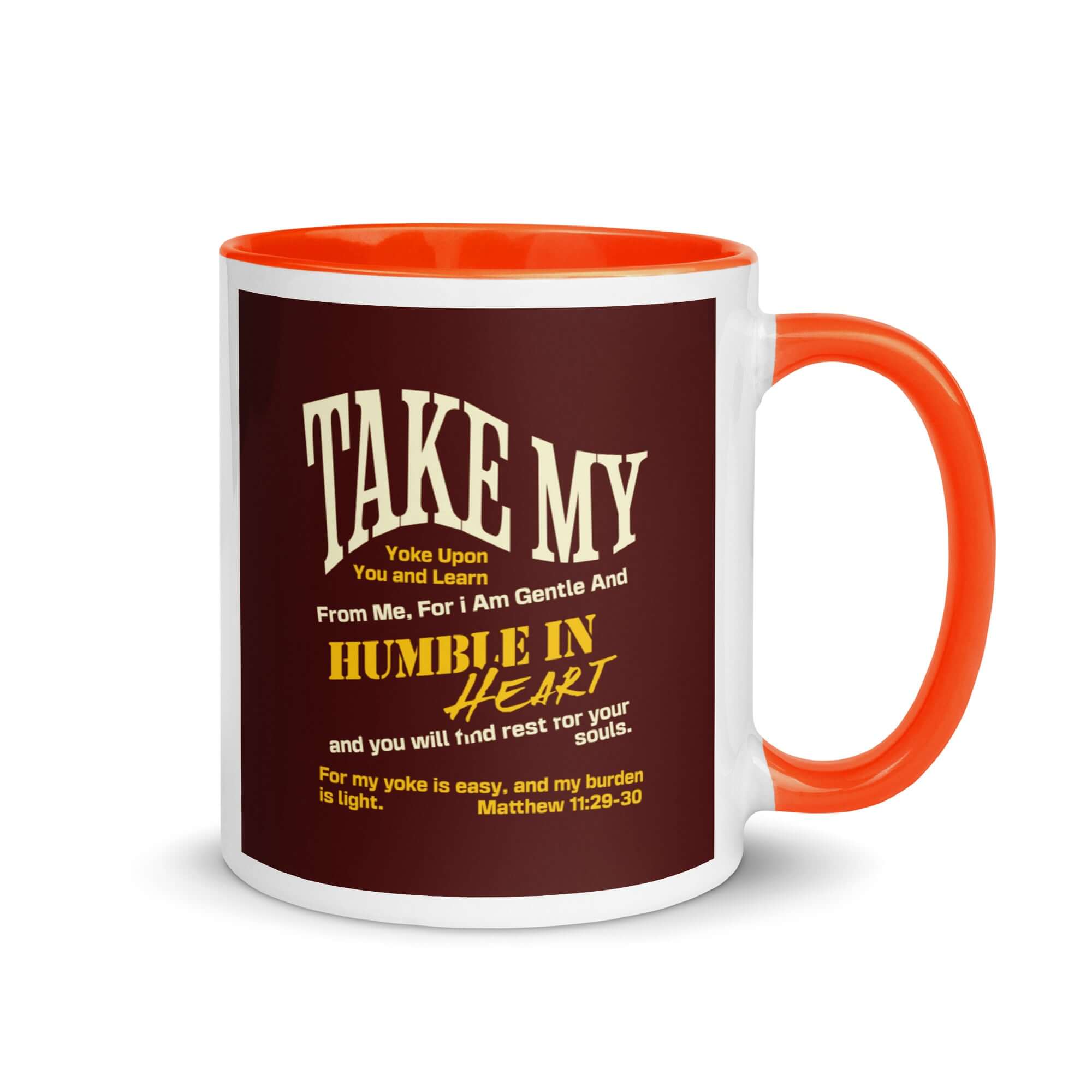 Matthew 11:29-30 Bible Verse, learn from me White Ceramic Mug with Color Inside Orange 11 oz
