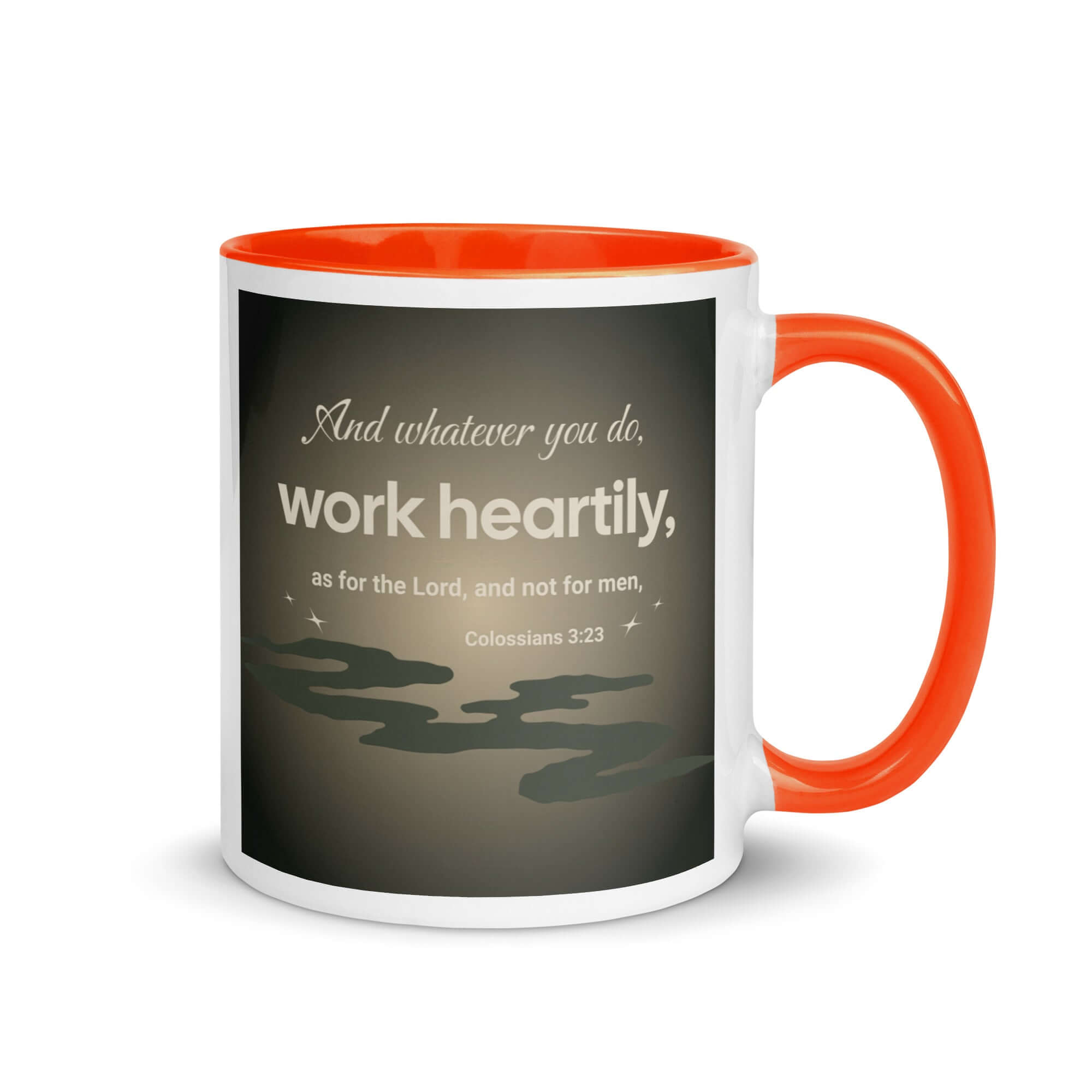 Colossians 3:23 Bible Verse, as for the Lord White Ceramic Mug with Color Inside Orange 11 oz