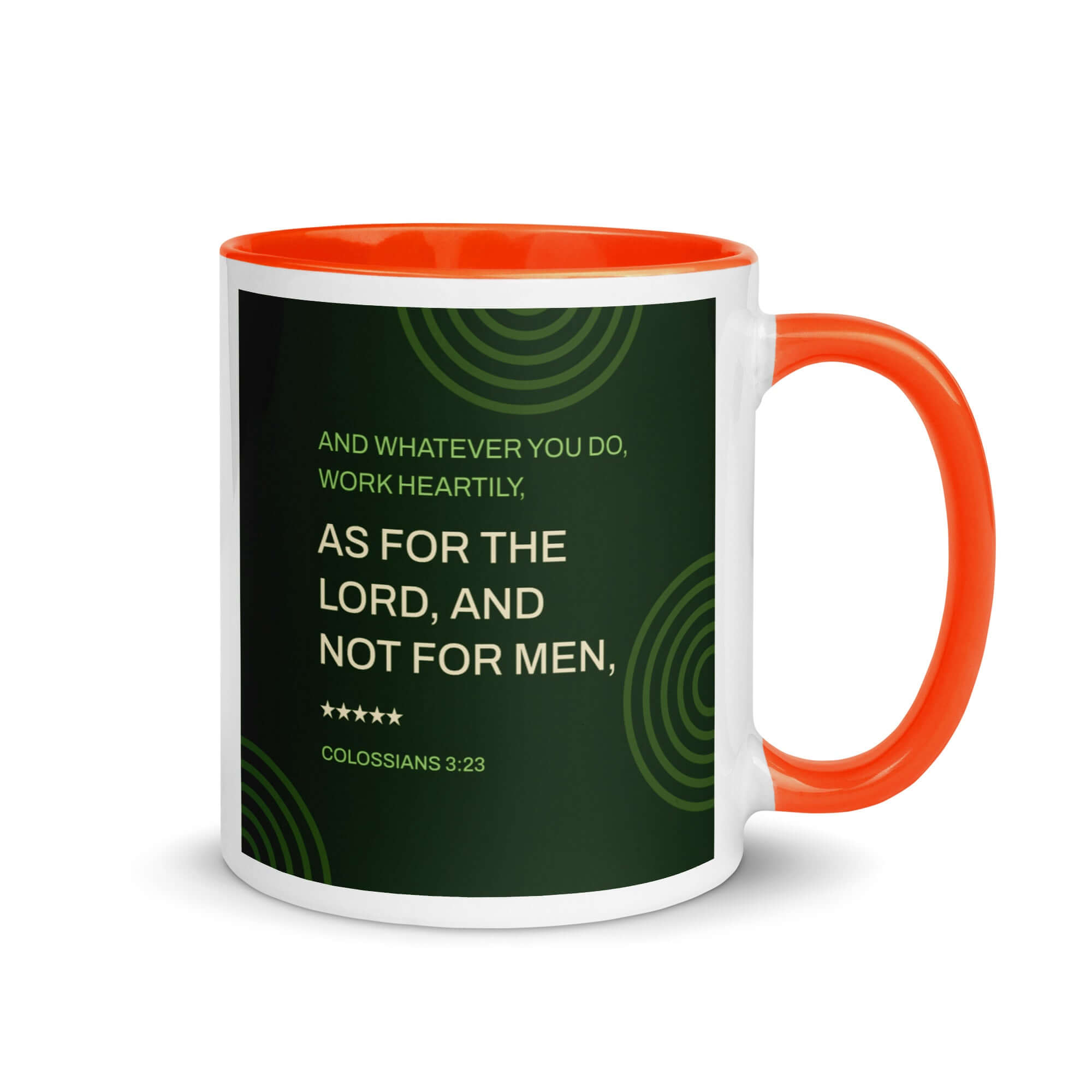 Colossians 3:23 Bible Verse, not for men White Ceramic Mug with Color Inside Orange 11 oz