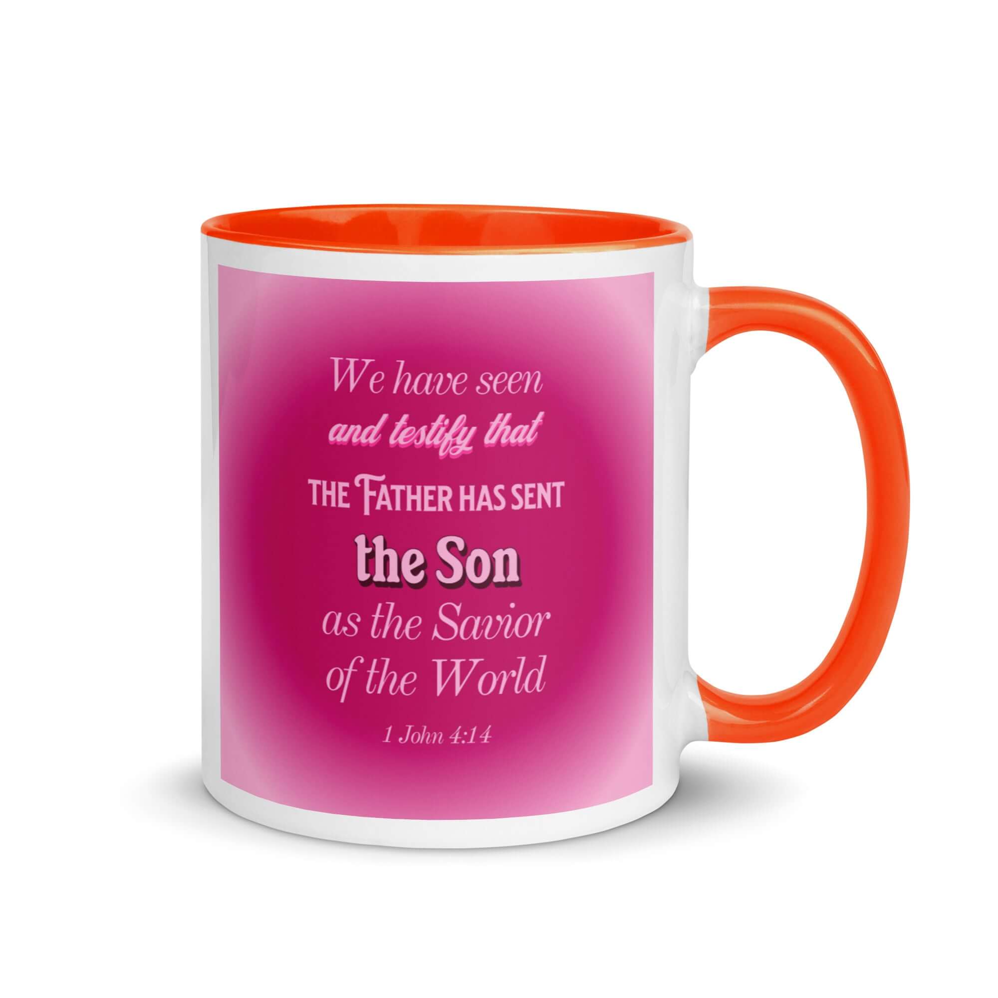 1 John 4:14 Bible Verse, that the Father White Ceramic Mug with Color Inside Orange 11 oz