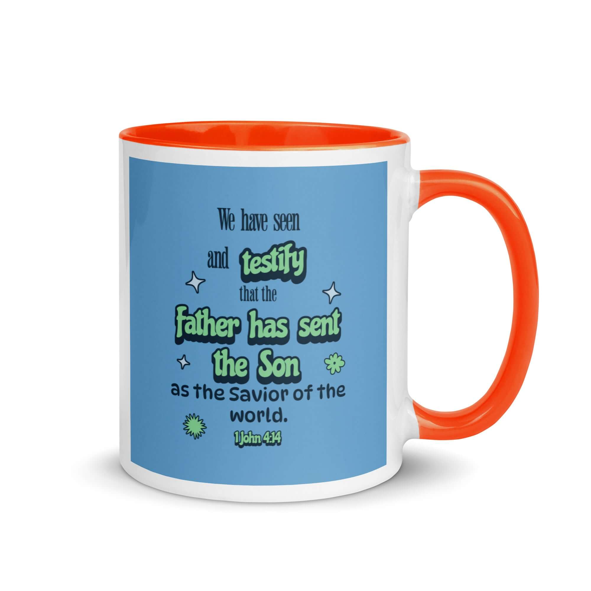 1 John 4:14 Bible Verse, sent the Son White Ceramic Mug with Color Inside Orange 11 oz