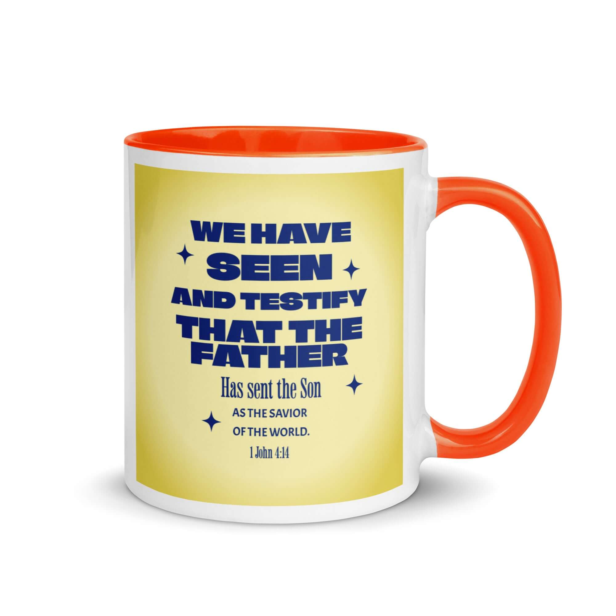 1 John 4:14 Bible Verse, Savior of the world White Ceramic Mug with Color Inside Orange 11 oz