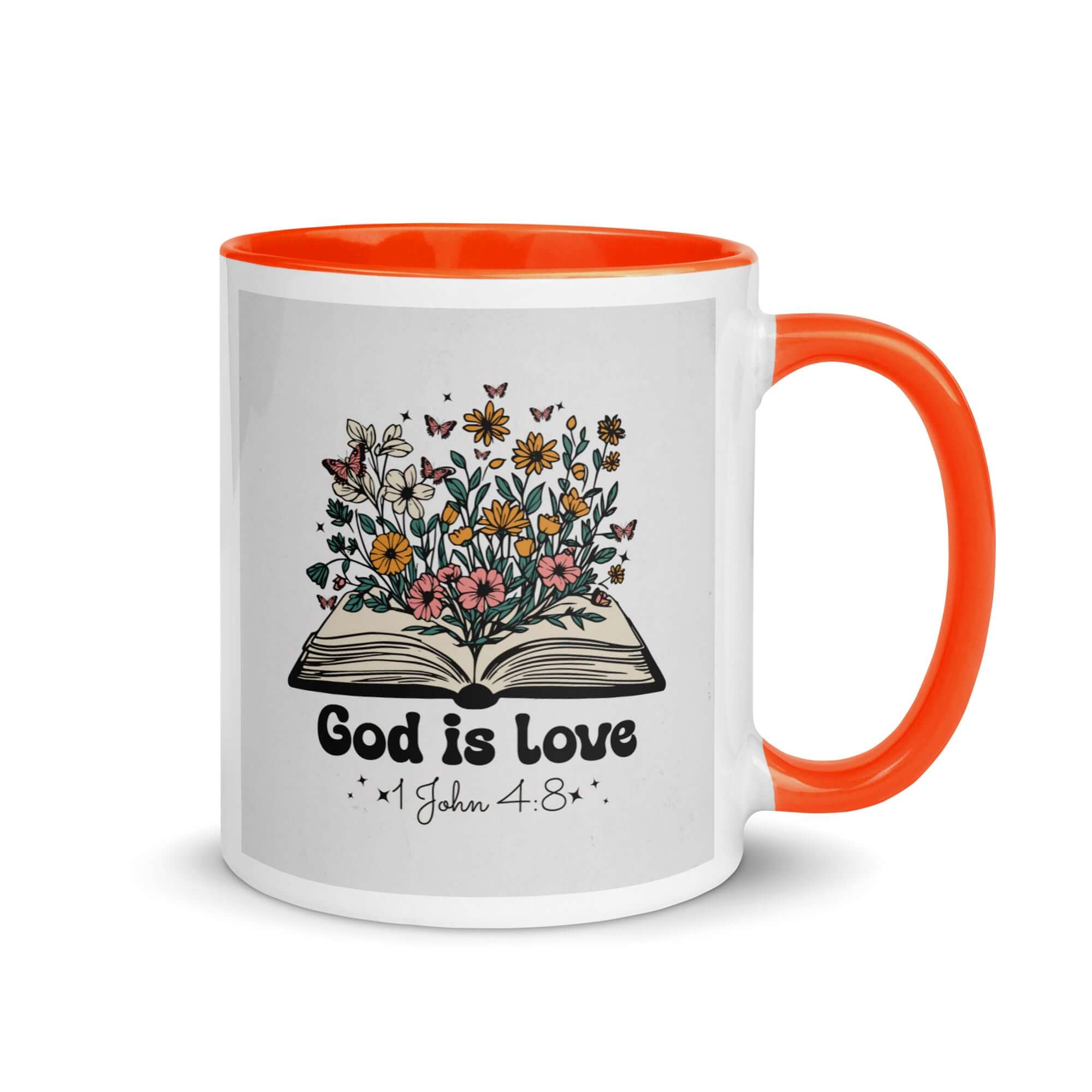 1 John 4:8 Bible Verse, God is Love White Ceramic Mug with Color Inside Orange 11 oz