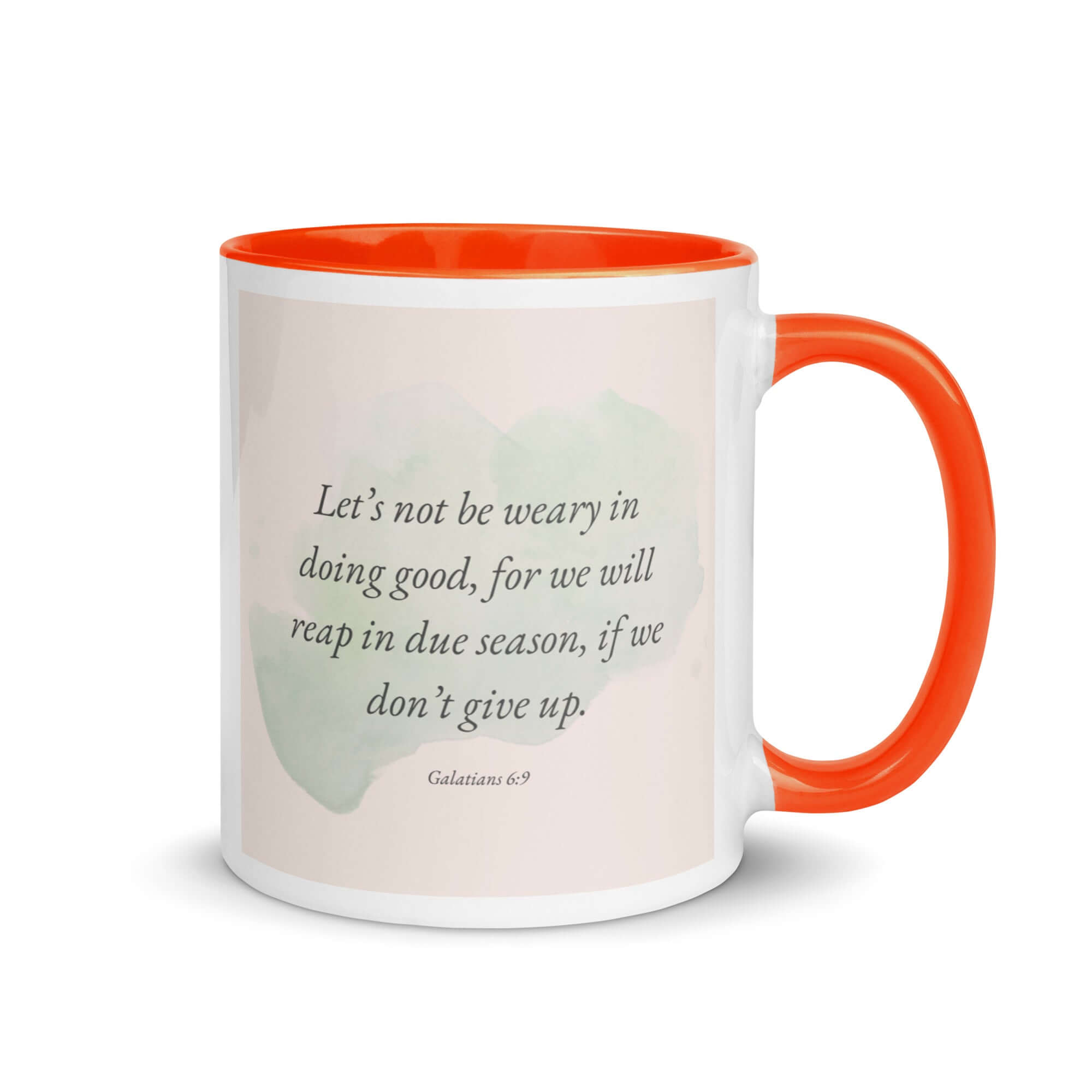 Galatians 6:9 Bible Verse, not be weary White Ceramic Mug with Color Inside Orange 11 oz