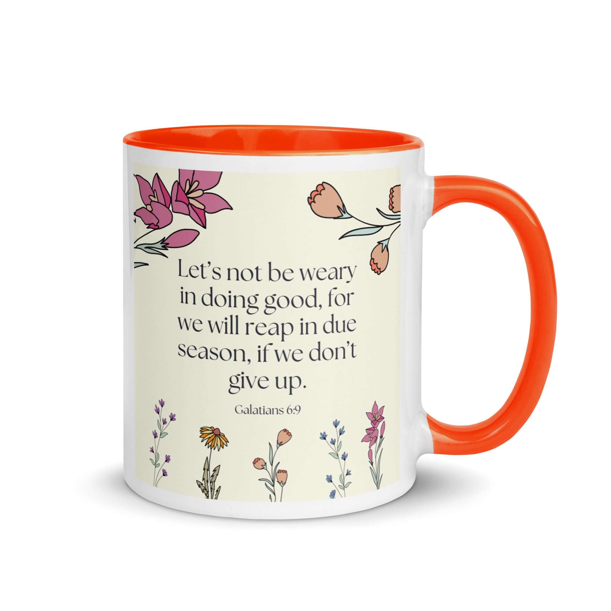 Galatians 6:9 Bible Verse, in doing good White Ceramic Mug with Color Inside Orange 11 oz