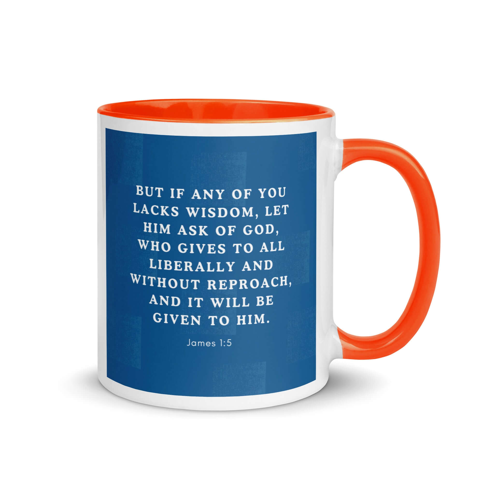 James 1:5 Bible Verse, gives to all White Ceramic Mug with Color Inside Orange 11 oz