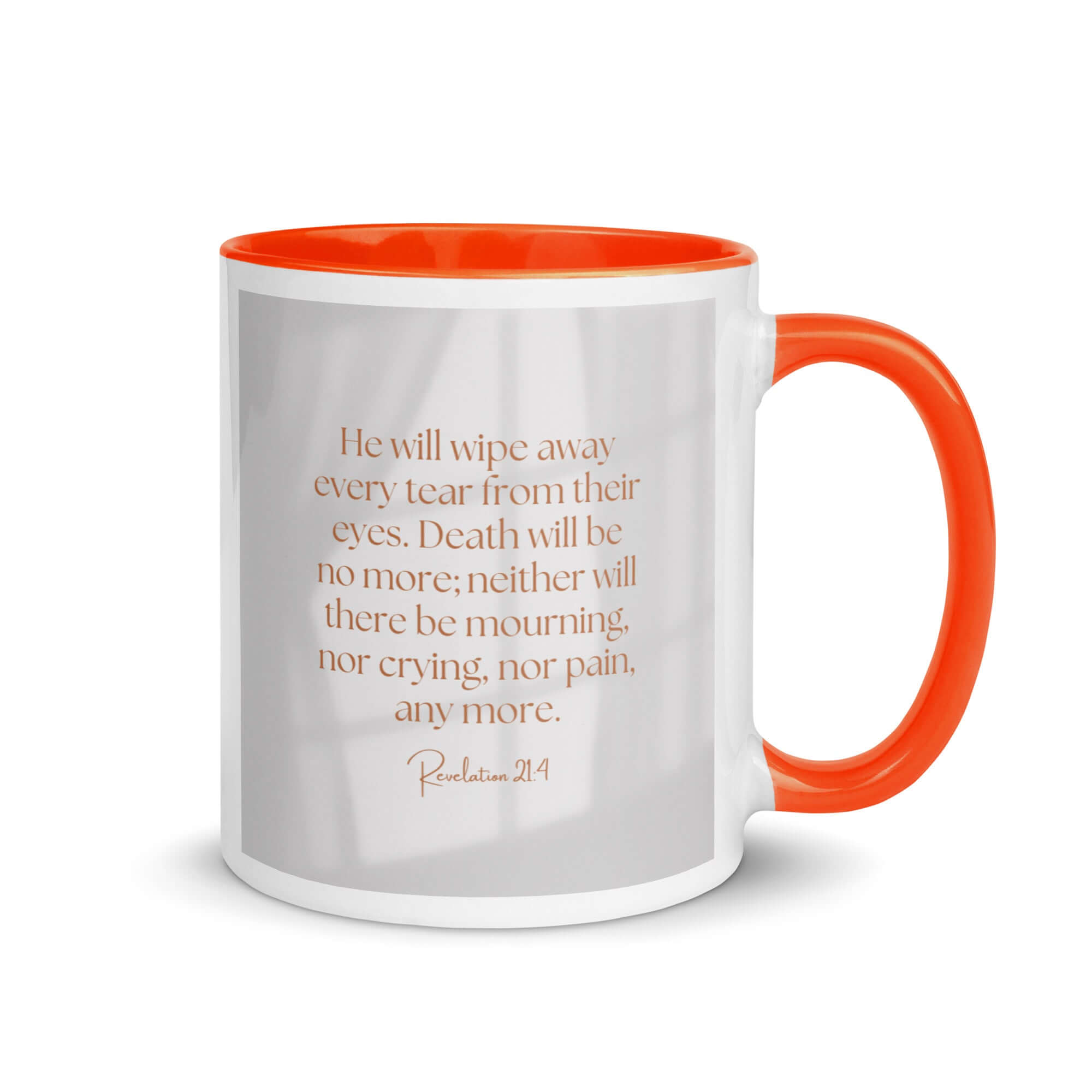 Revelation 21:4 Bible Verse, He will wipe White Ceramic Mug with Color Inside Orange 11 oz