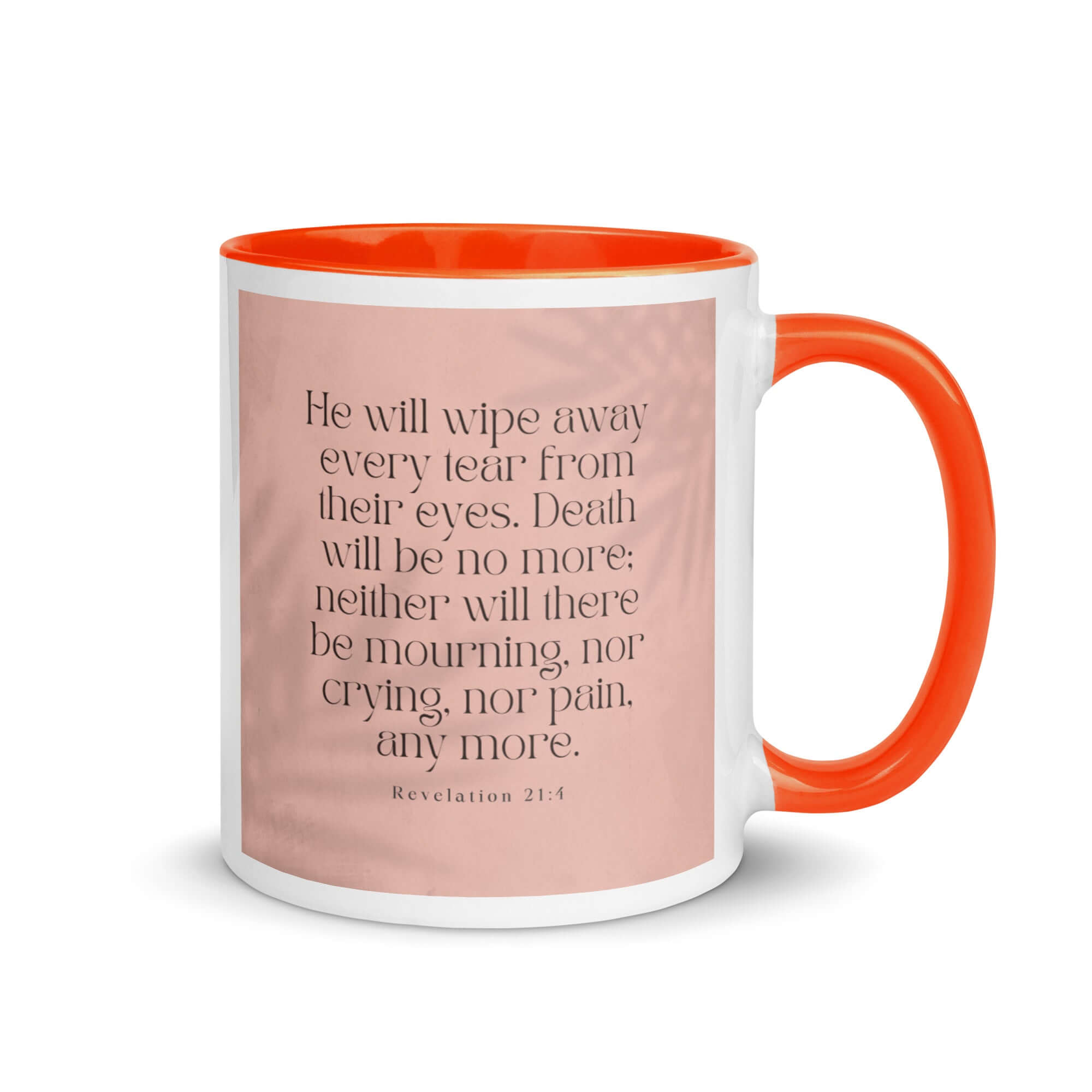 Revelation 21:4 Bible Verse, their eyes White Ceramic Mug with Color Inside Orange 11 oz
