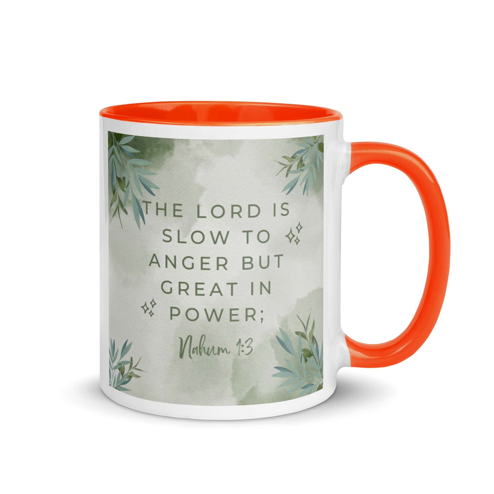 Nahum 1:3 Bible Verse, The Lord is slow White Ceramic Mug with Color Inside Orange 11 oz