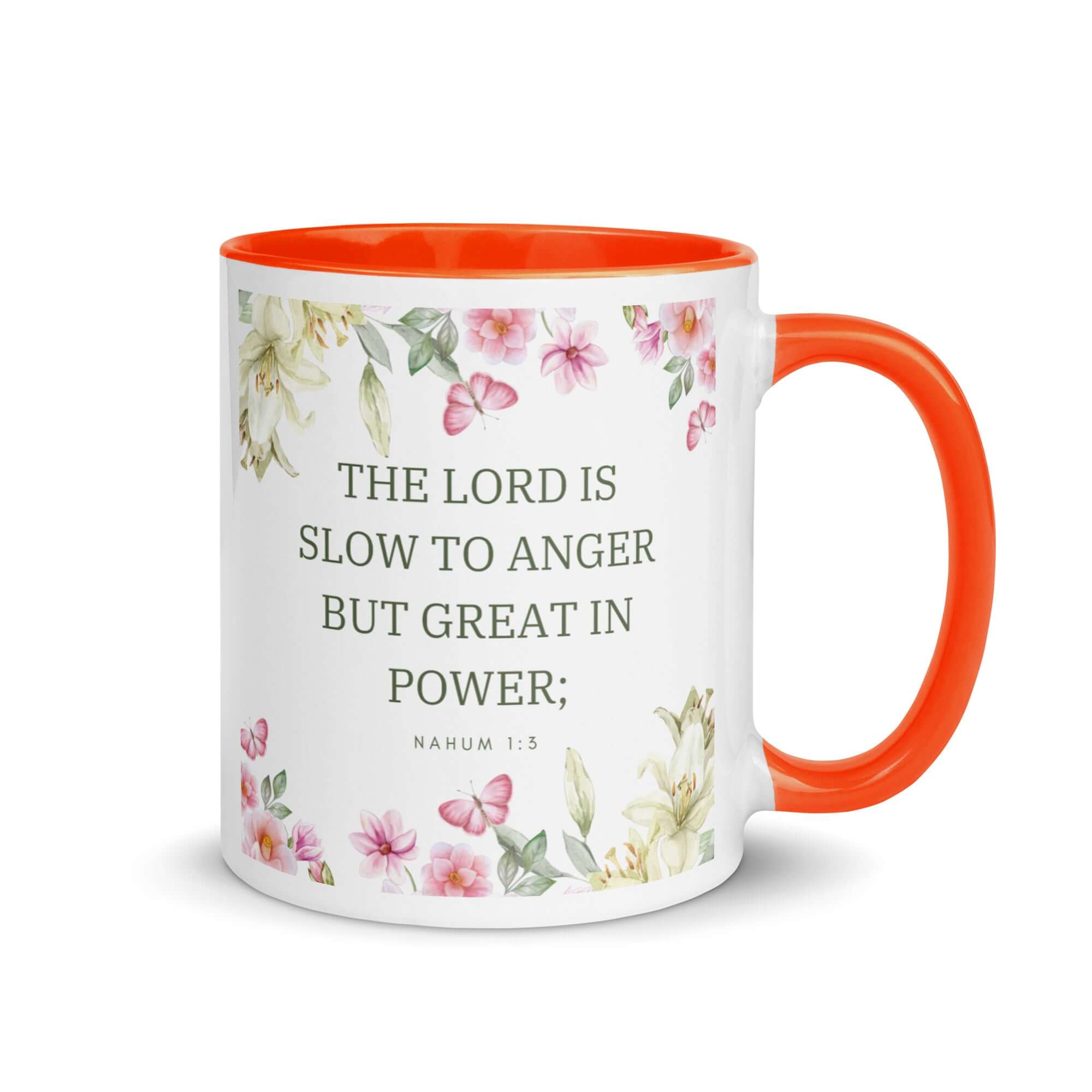 Nahum 1:3 Bible Verse, slow to anger White Ceramic Mug with Color Inside Orange 11 oz