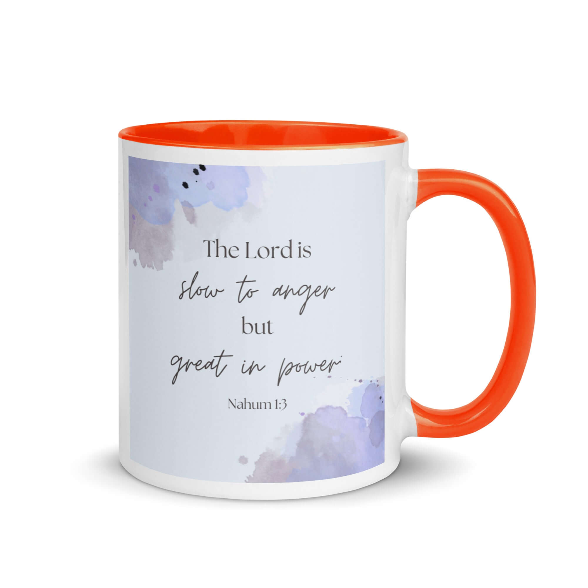 Nahum 1:3 Bible Verse, great in power White Ceramic Mug with Color Inside Orange 11 oz
