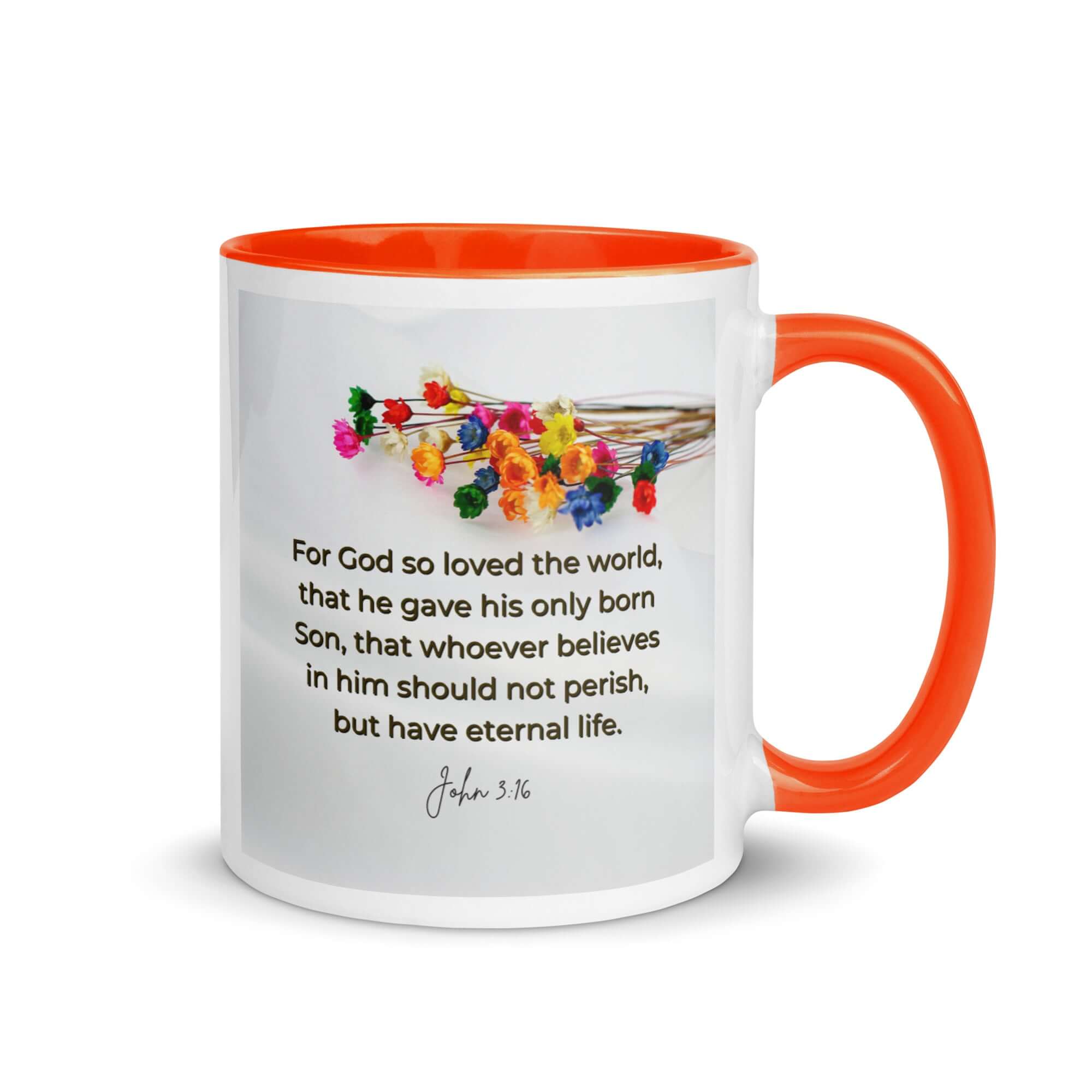 John 3:16 Bible Verse, He gave His Son White Ceramic Mug with Color Inside Orange 11 oz