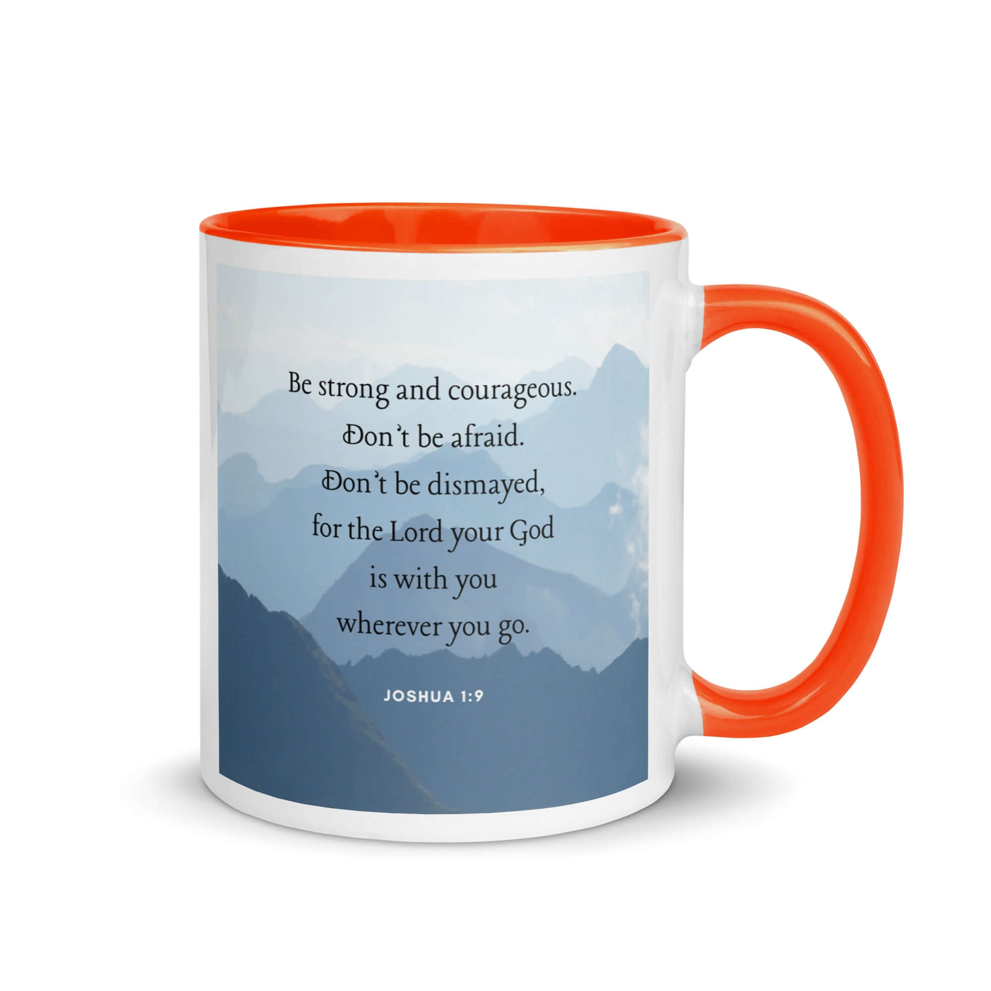 Joshua 1:9 Bible Verse, Courageous White Ceramic Mug with Color Inside Orange 11 oz